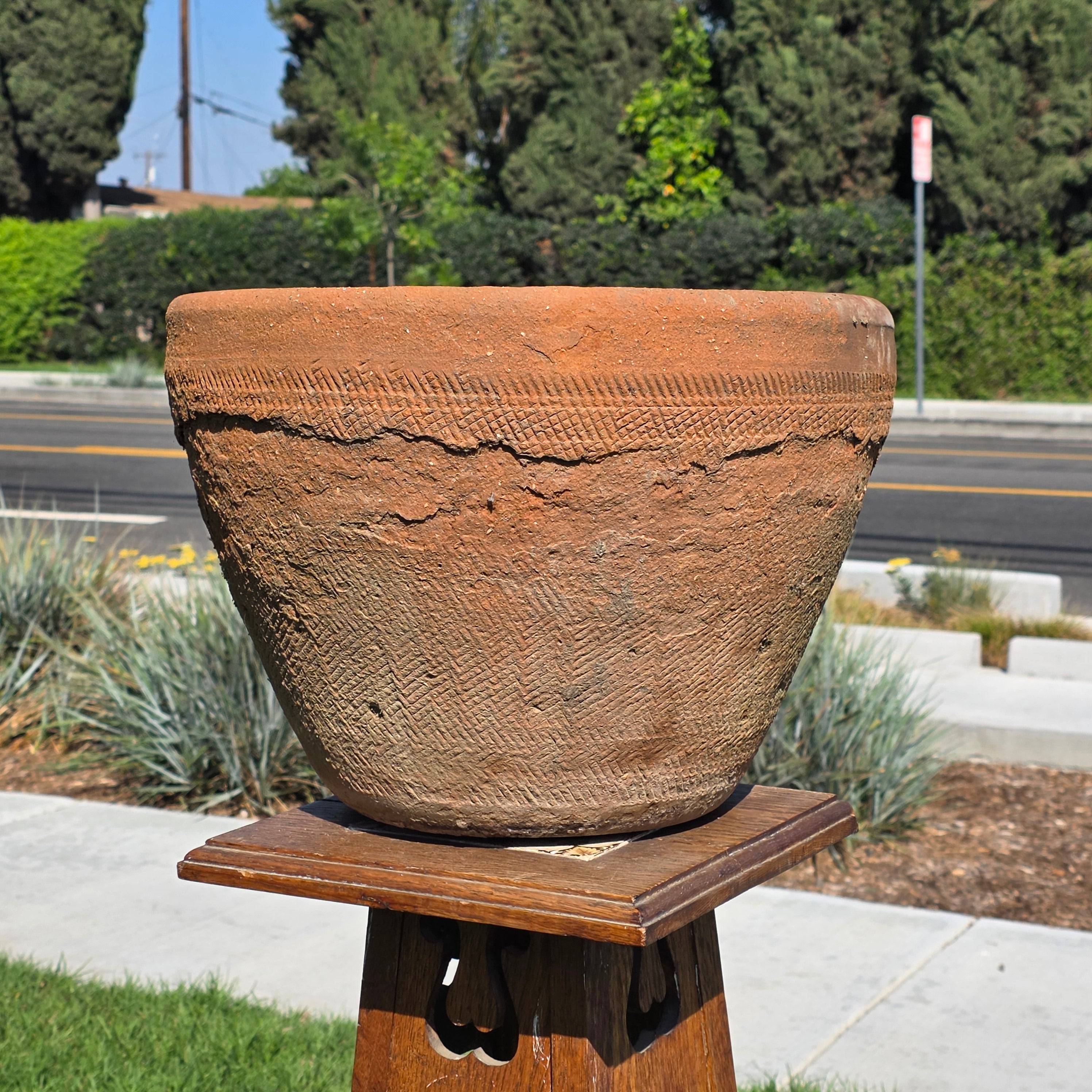Vintage Mexican Terracotta Planter Large 16" Primitive Rustic Wabi Sabi Garden Urn