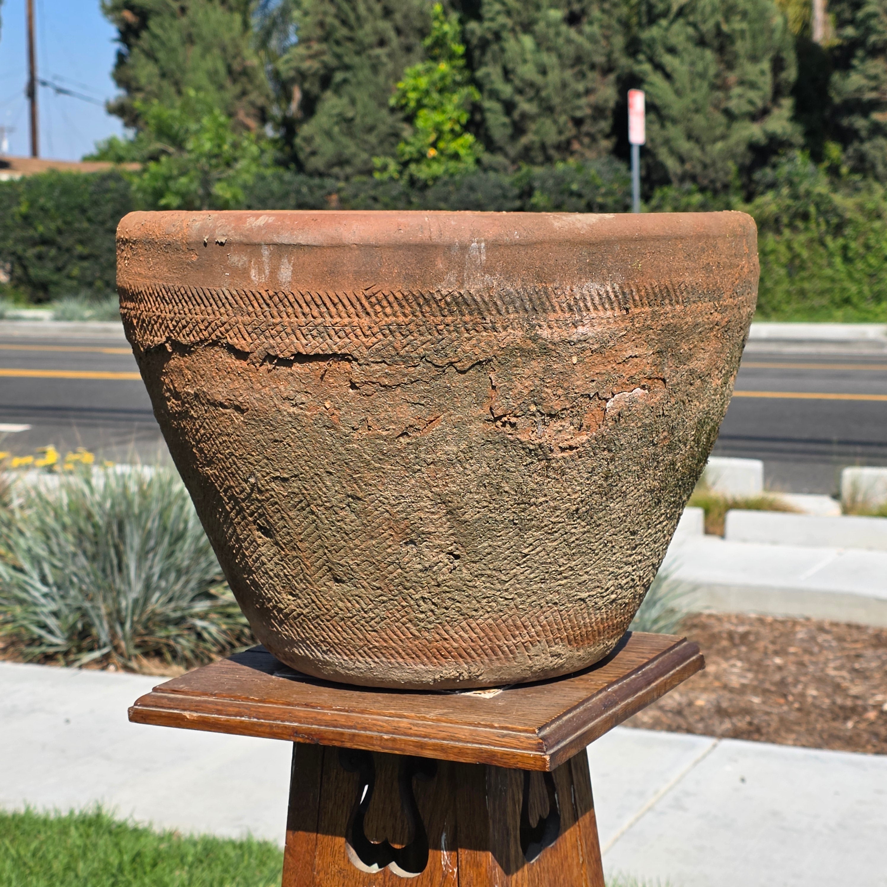 Vintage Mexican Terracotta Planter Large 16" Primitive Rustic Wabi Sabi Garden Urn