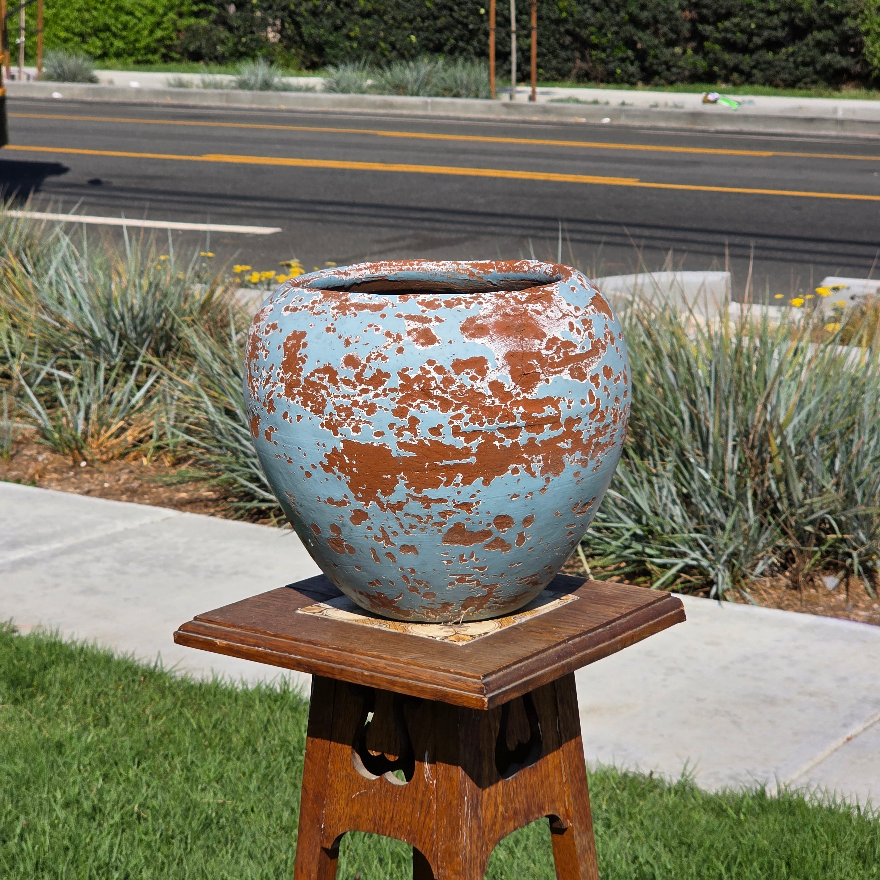 Vintage Mexican Terracotta Planter Large 11" Blue Chippy Paint Rustic Garden Pot
