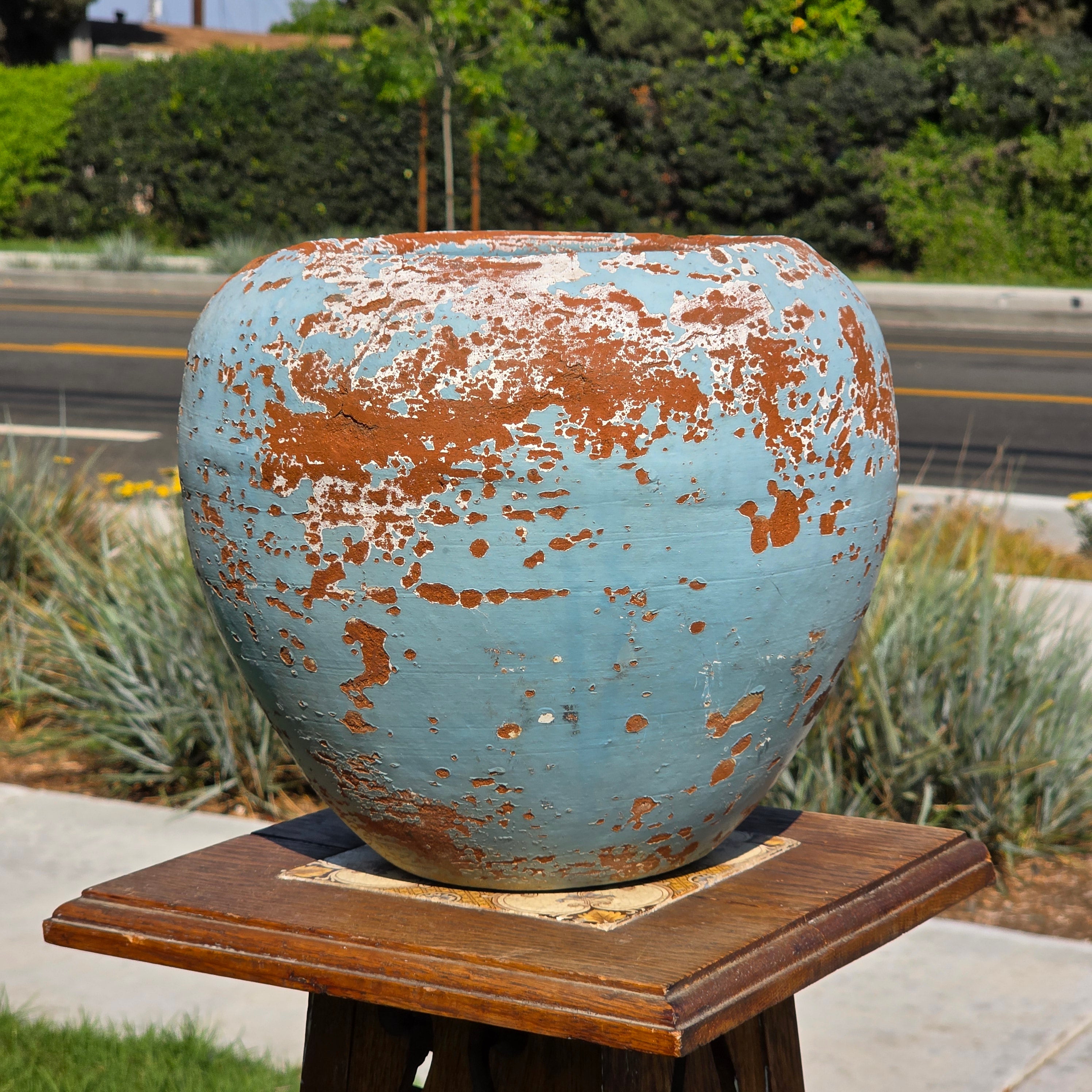 Vintage Mexican Terracotta Planter Large 11" Blue Chippy Paint Rustic Garden Pot