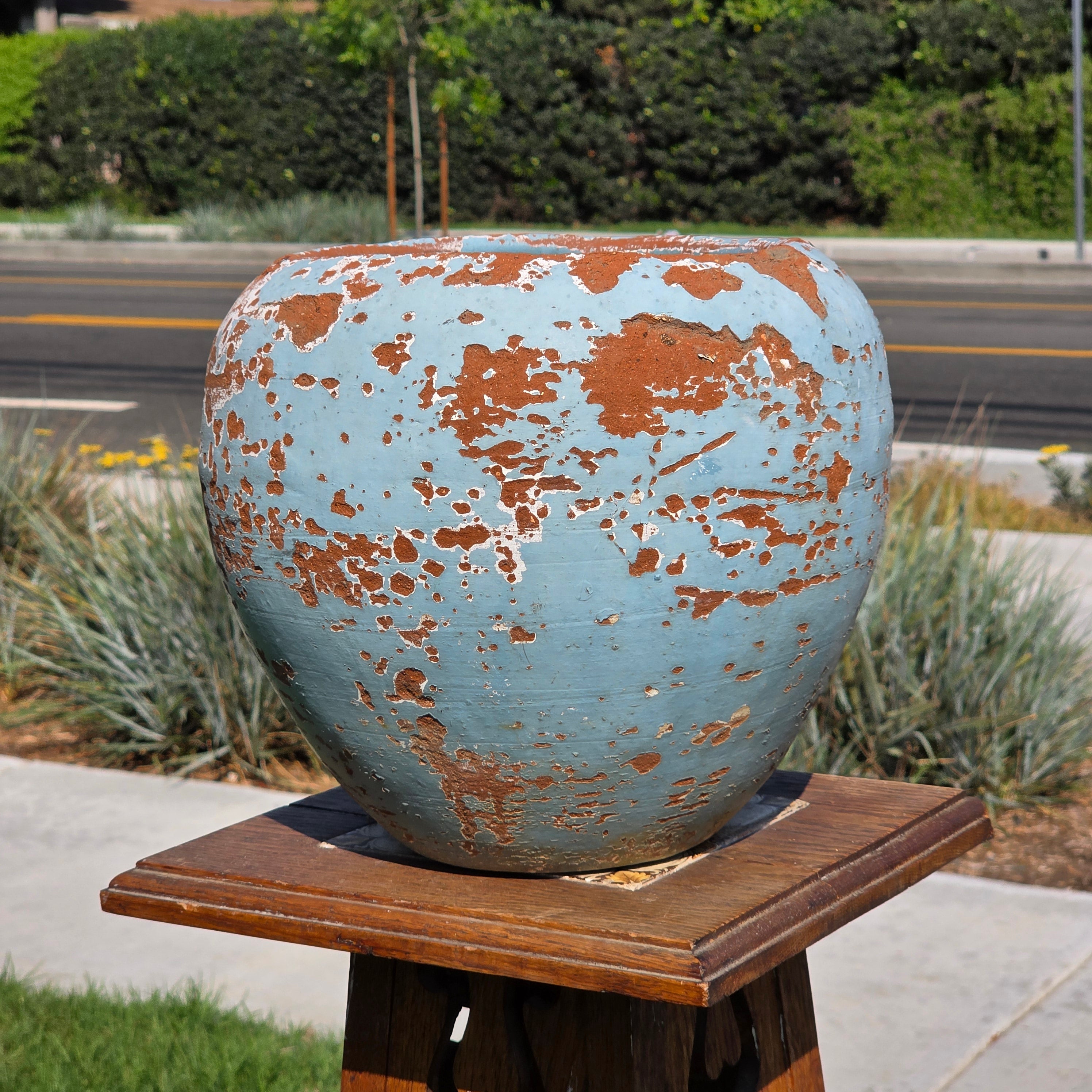 Vintage Mexican Terracotta Planter Large 11" Blue Chippy Paint Rustic Garden Pot