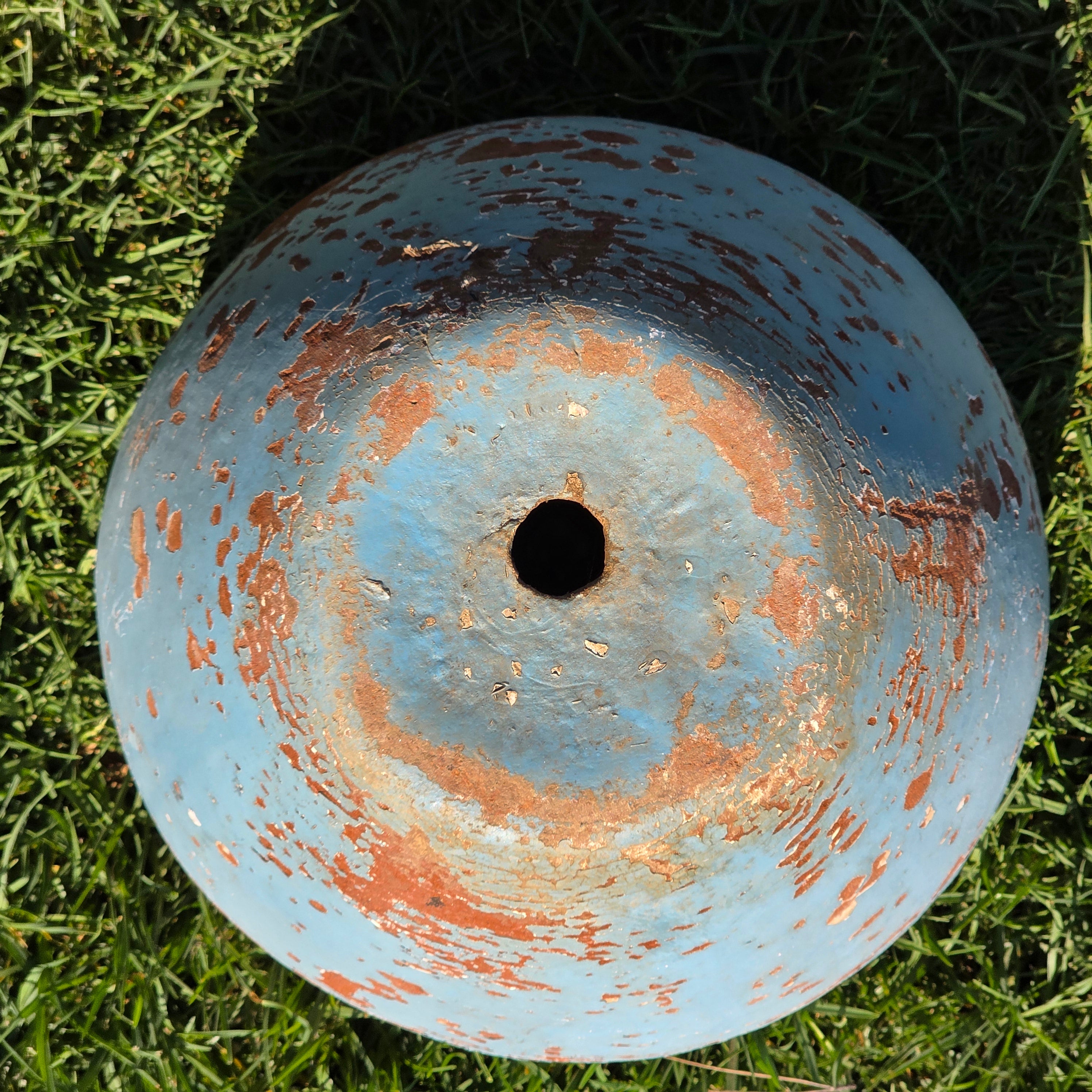 Vintage Mexican Terracotta Planter Large 11" Blue Chippy Paint Rustic Garden Pot
