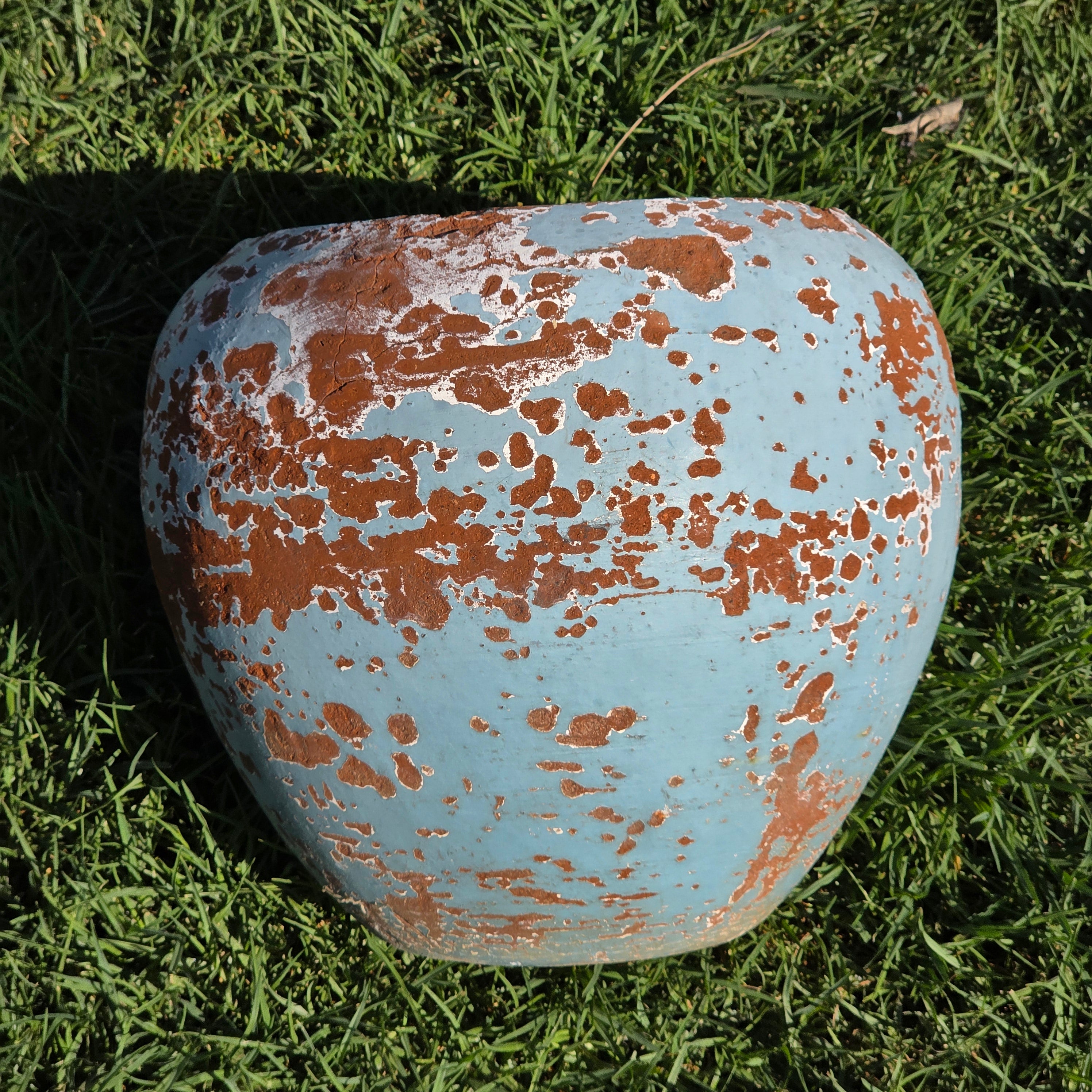 Vintage Mexican Terracotta Planter Large 11" Blue Chippy Paint Rustic Garden Pot