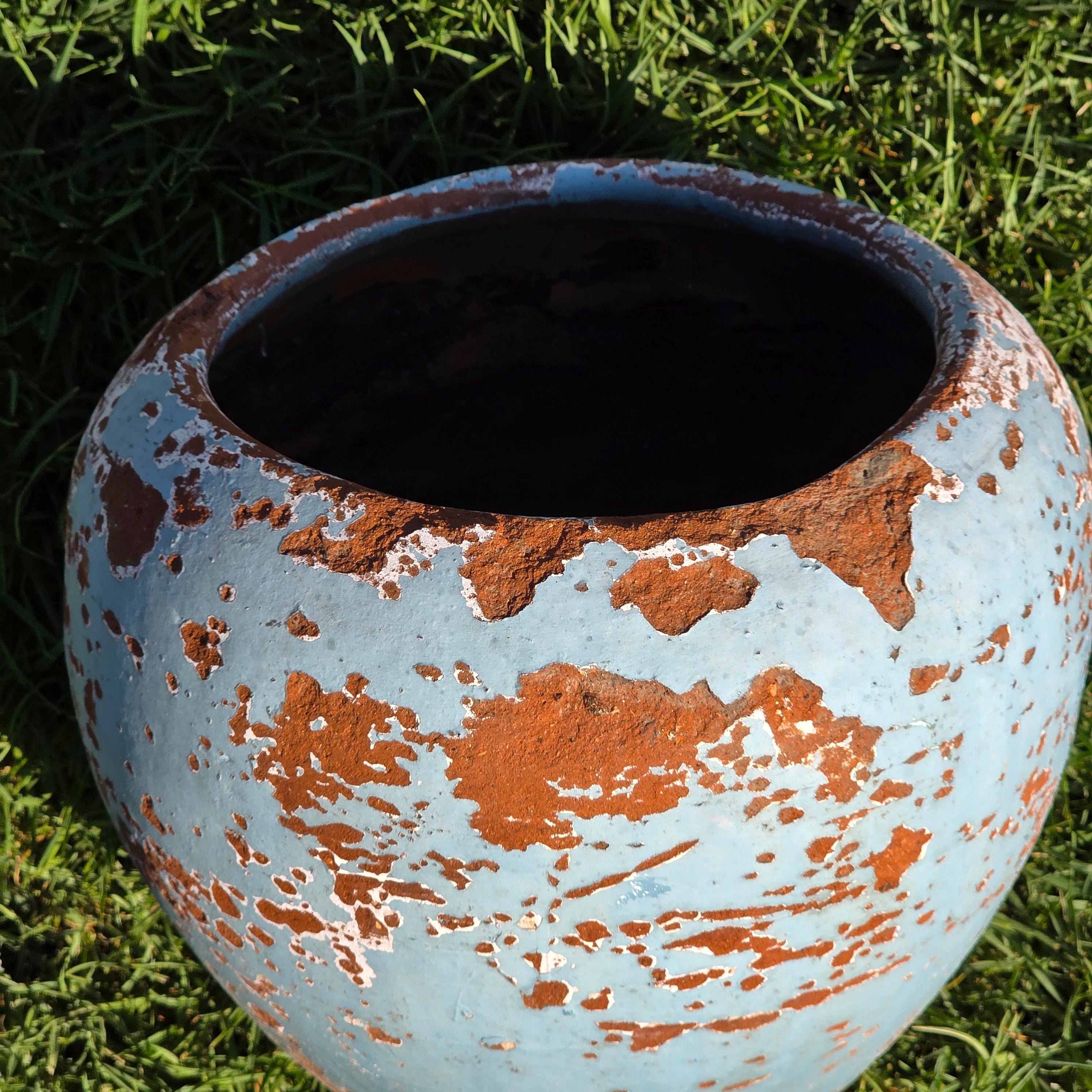 Vintage Mexican Terracotta Planter Large 11" Blue Chippy Paint Rustic Garden Pot