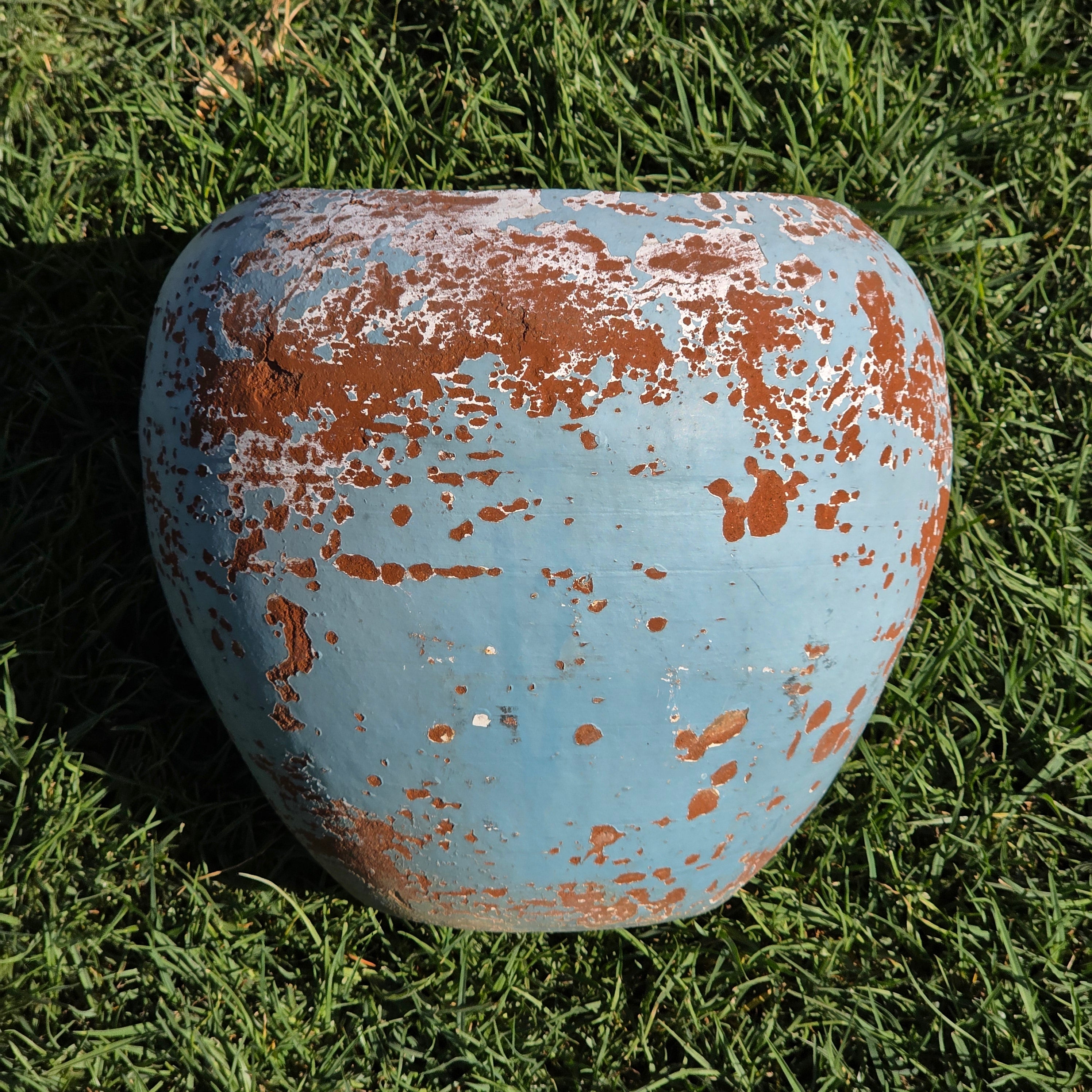Vintage Mexican Terracotta Planter Large 11" Blue Chippy Paint Rustic Garden Pot