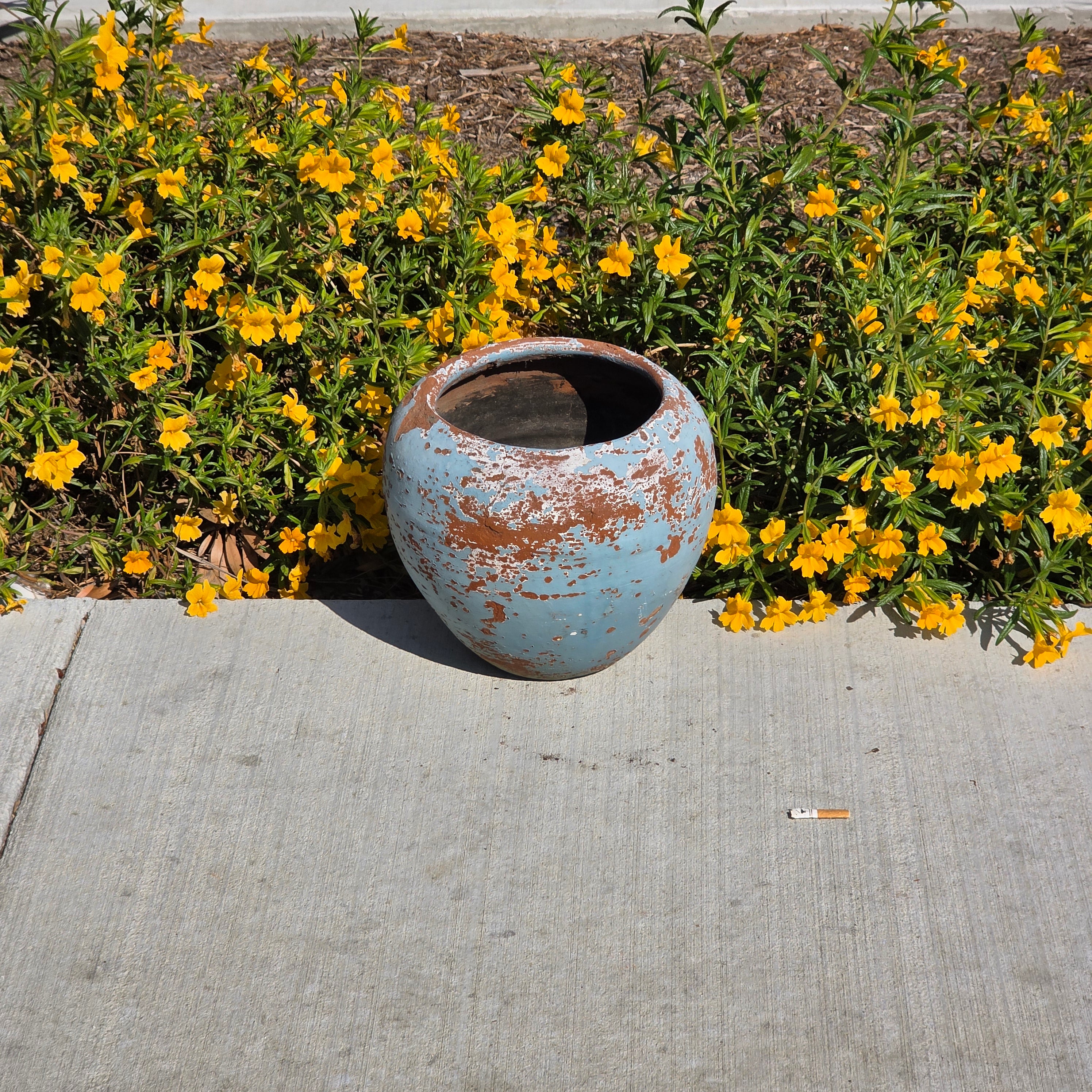 Vintage Mexican Terracotta Planter Large 11" Blue Chippy Paint Rustic Garden Pot