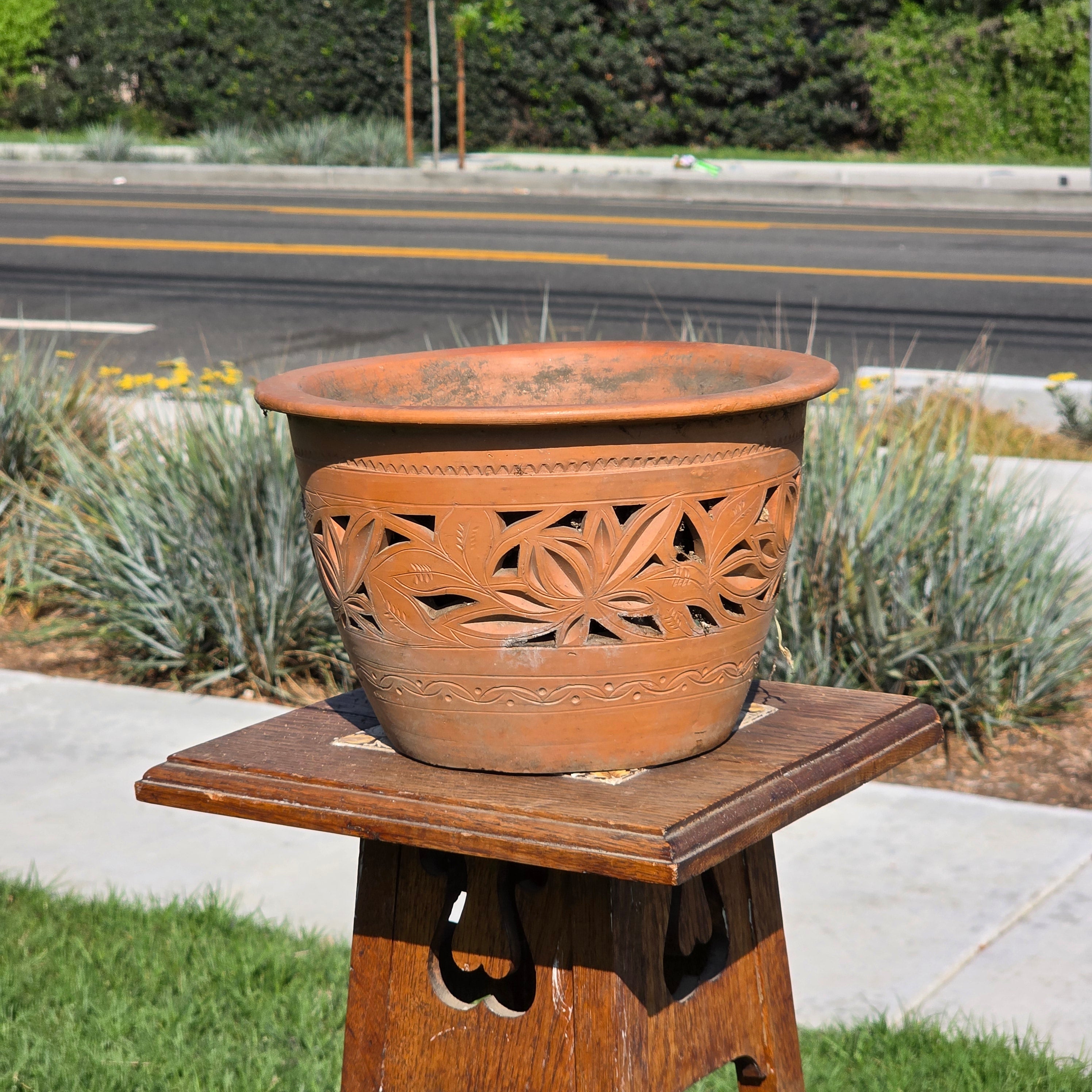 Vintage Mexican Orchid Planter Large 10.5" Perforated Double Wall Clay Pot