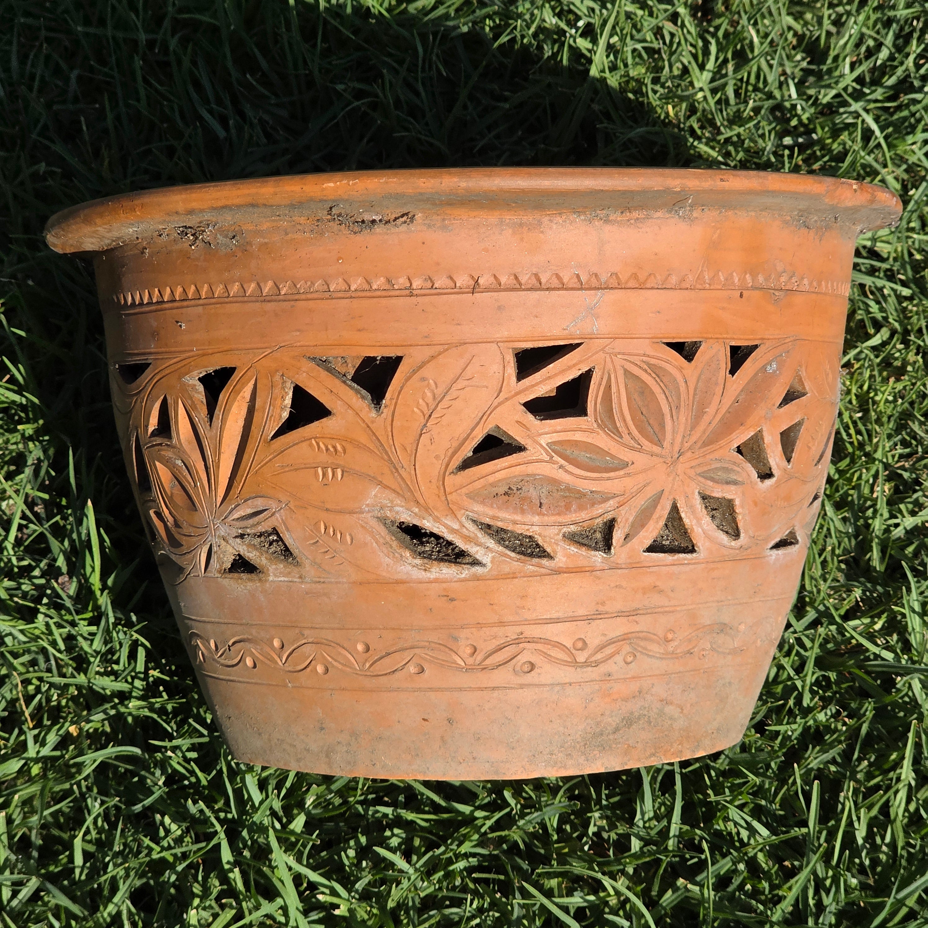 Vintage Mexican Orchid Planter Large 10.5" Perforated Double Wall Clay Pot