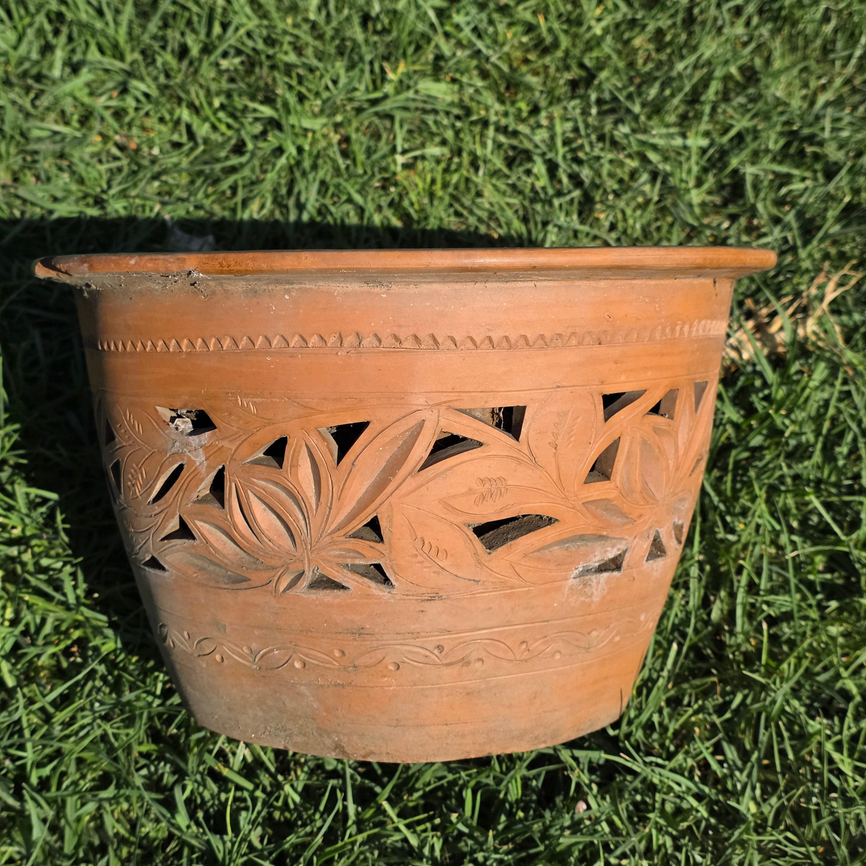 Vintage Mexican Orchid Planter Large 10.5" Perforated Double Wall Clay Pot
