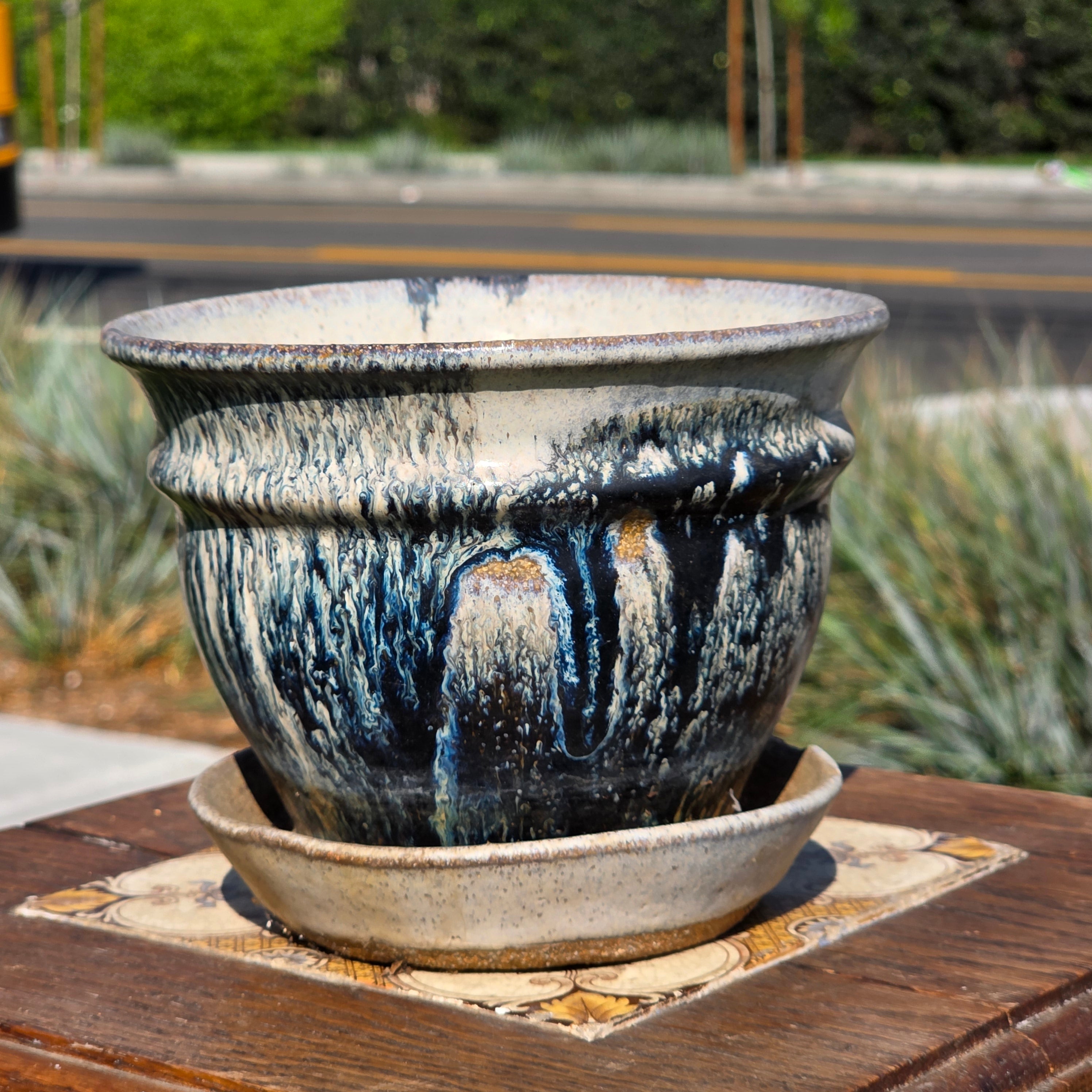 Vintage Studio Pottery Planter Attached Saucer Blue Drip Glaze 6" Boho MCM