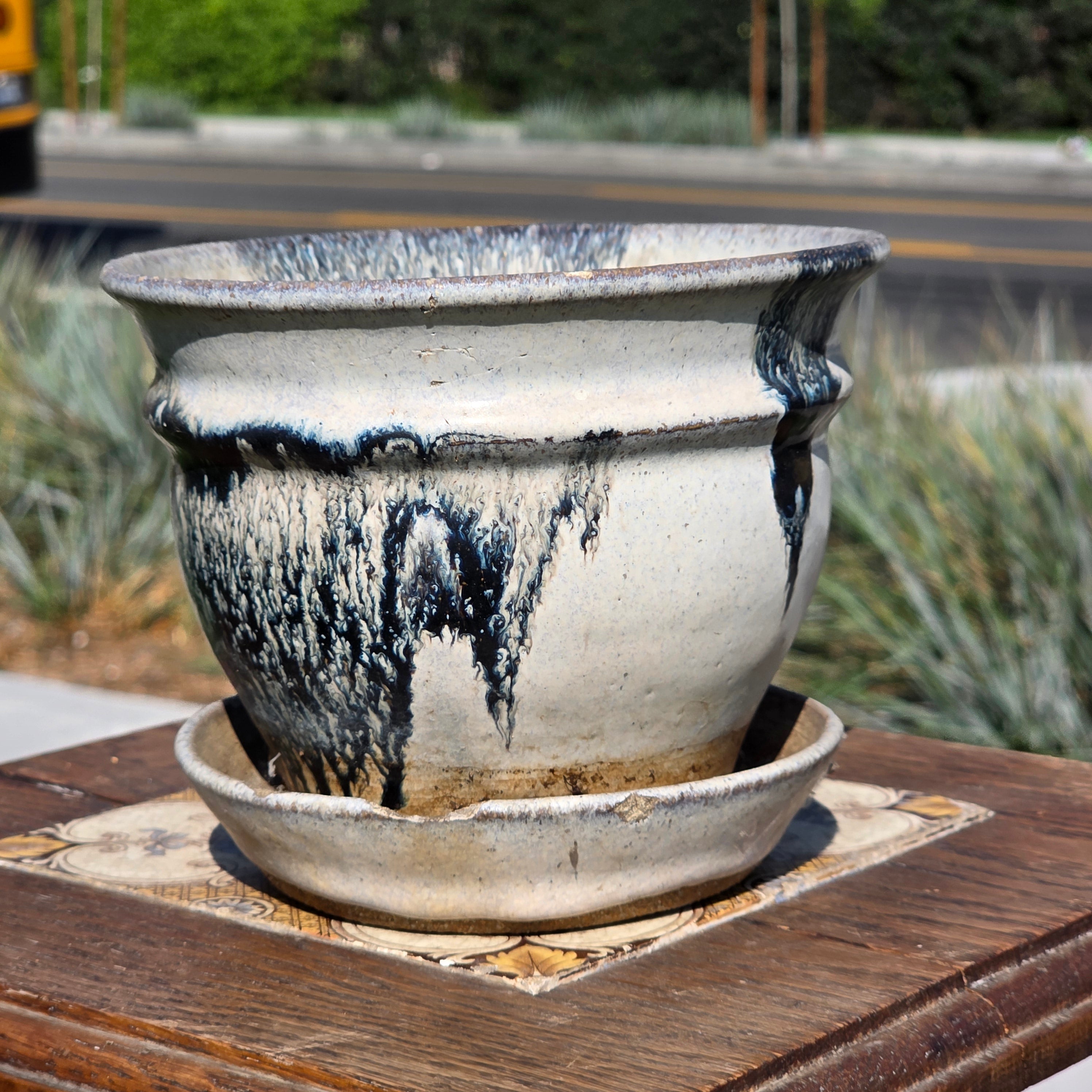 Vintage Studio Pottery Planter Attached Saucer Blue Drip Glaze 6" Boho MCM