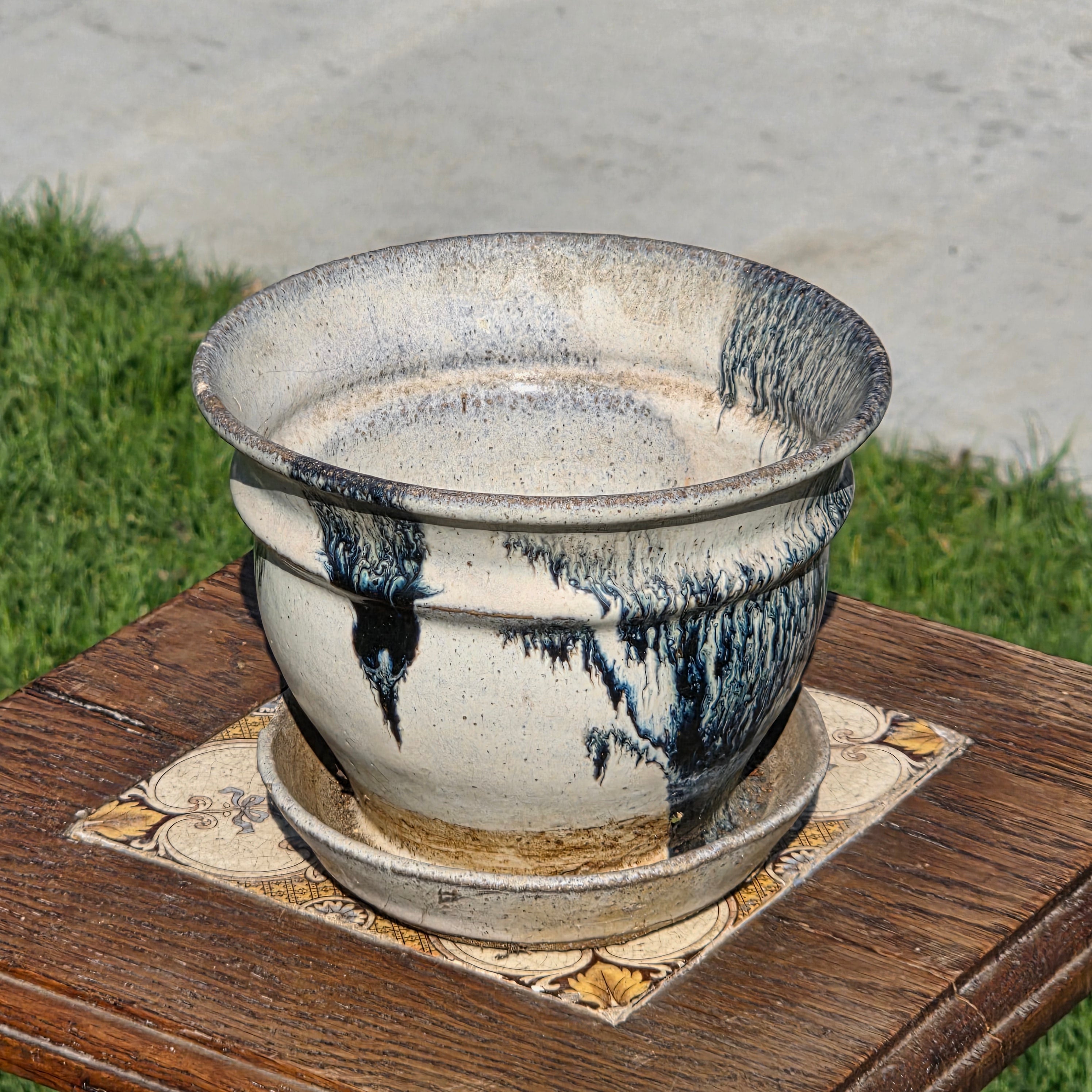 Vintage Studio Pottery Planter Attached Saucer Blue Drip Glaze 6" Boho MCM