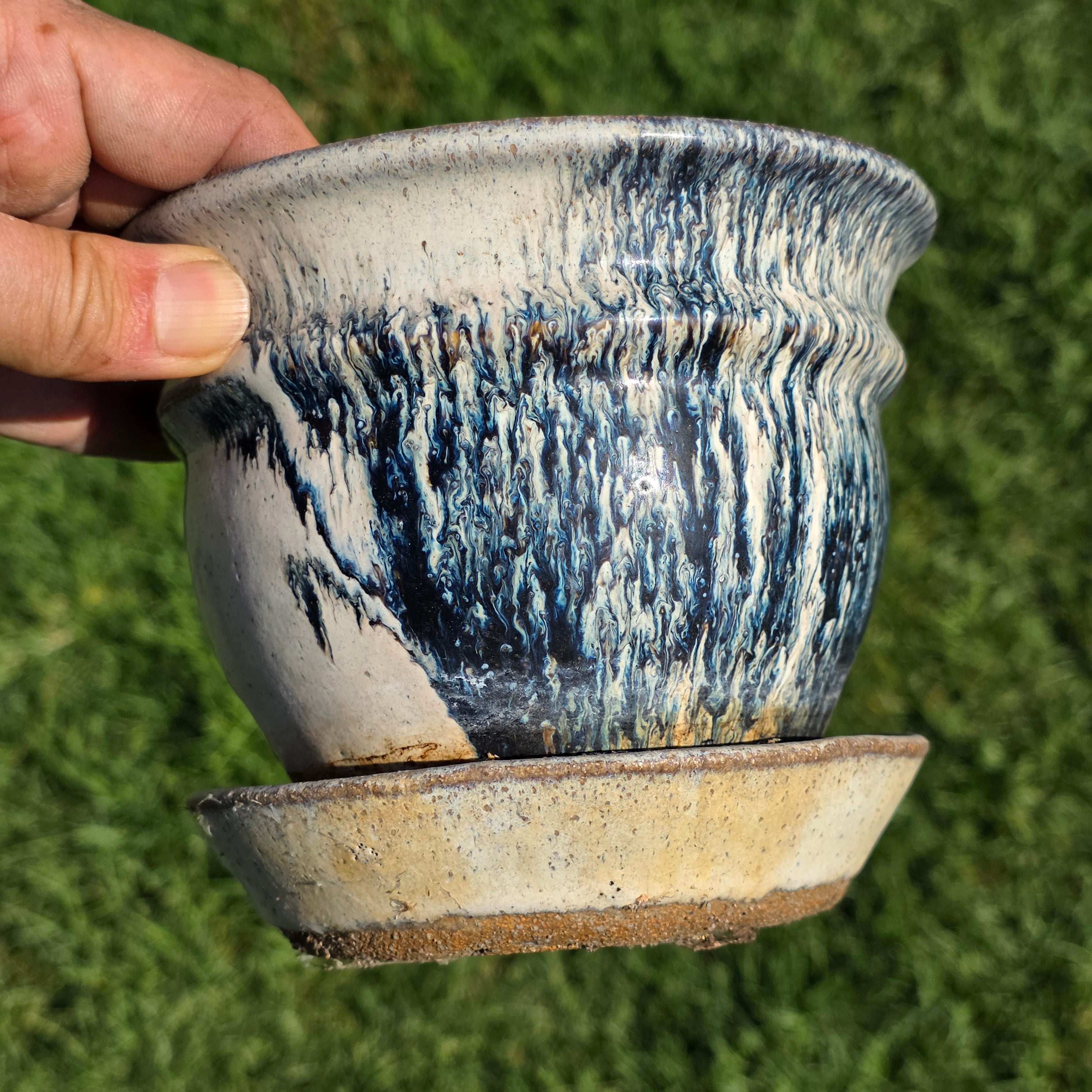 Vintage Studio Pottery Planter Attached Saucer Blue Drip Glaze 6" Boho MCM