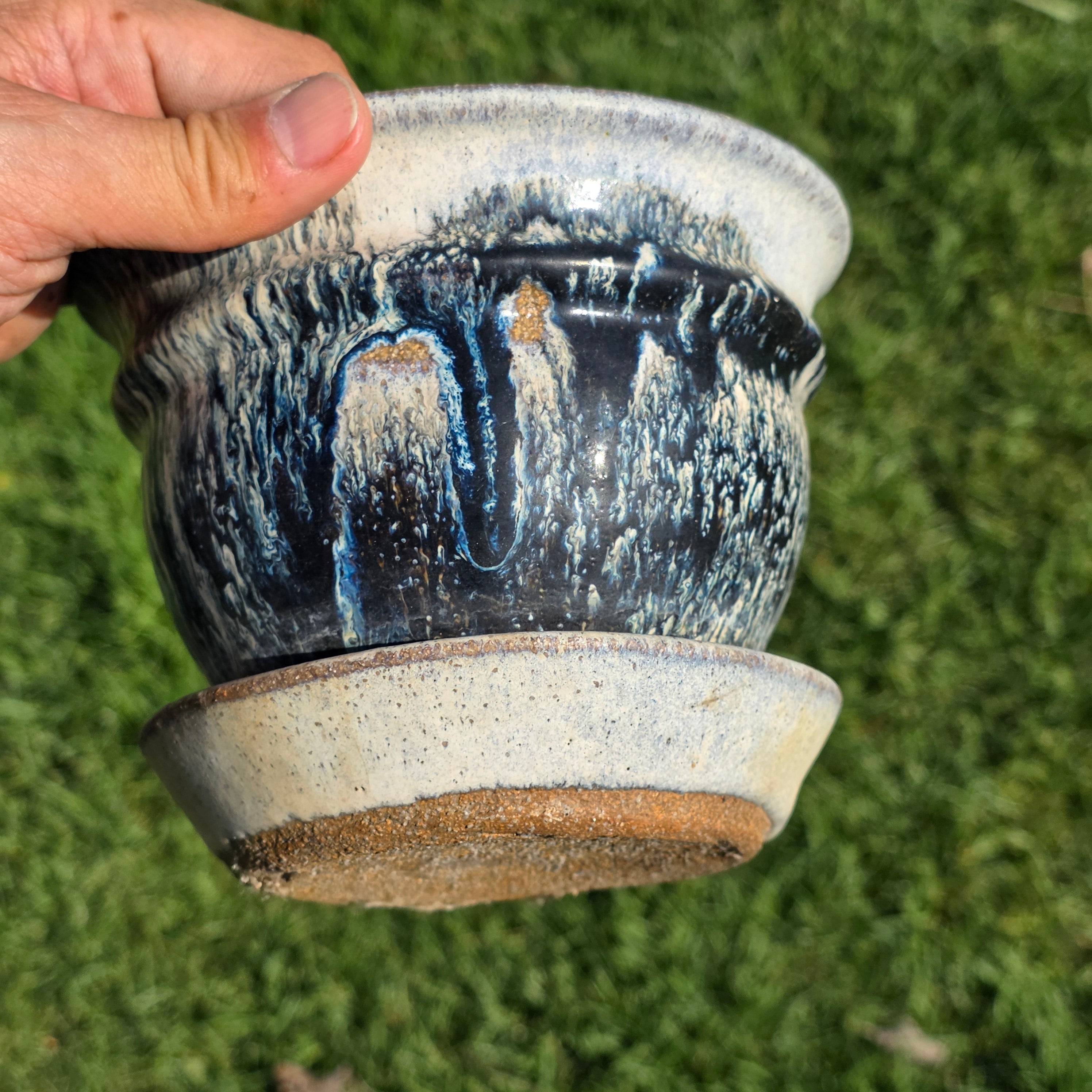 Vintage Studio Pottery Planter Attached Saucer Blue Drip Glaze 6" Boho MCM
