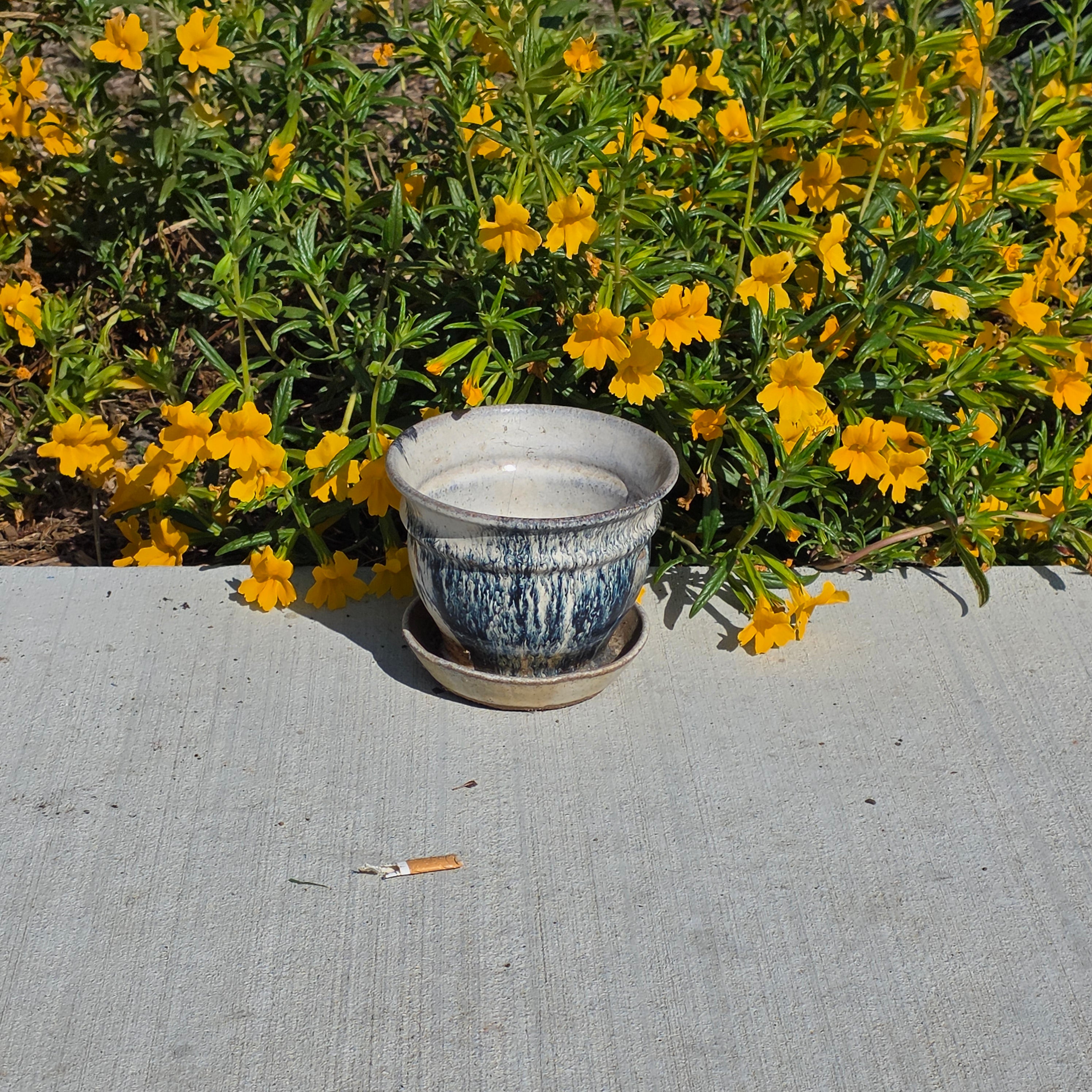 Vintage Studio Pottery Planter Attached Saucer Blue Drip Glaze 6" Boho MCM