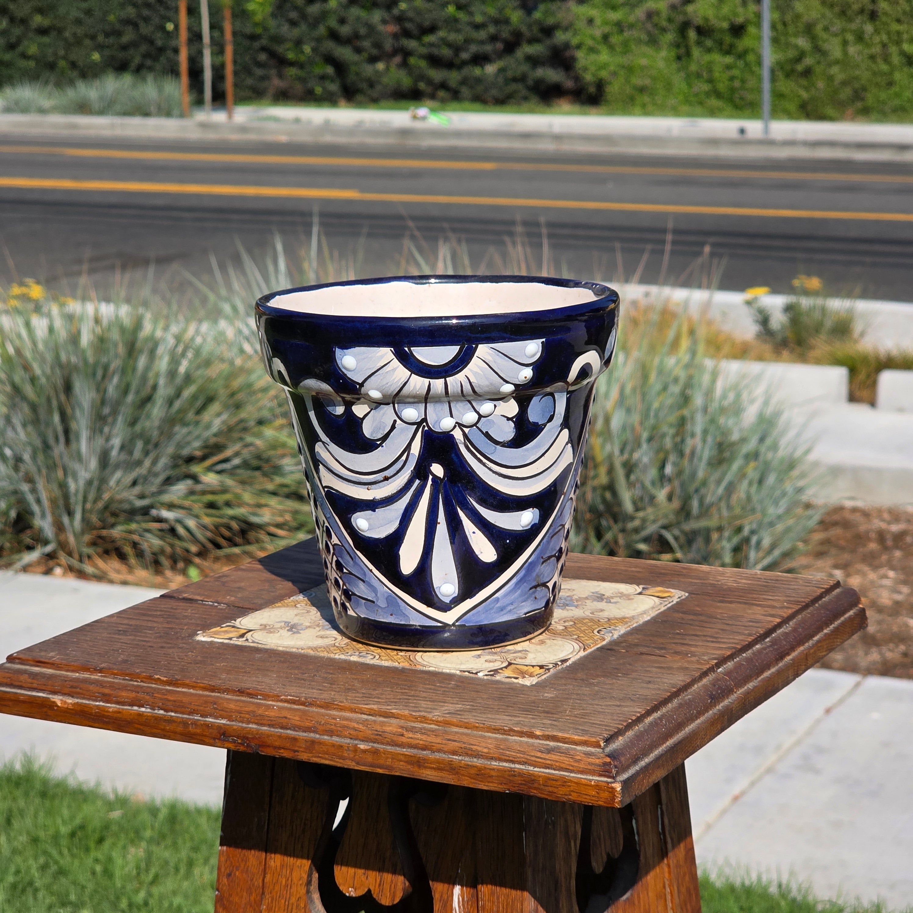 Vintage Mexican Talavera Planter Blue White Hand Painted Pottery 6" Flower Pot