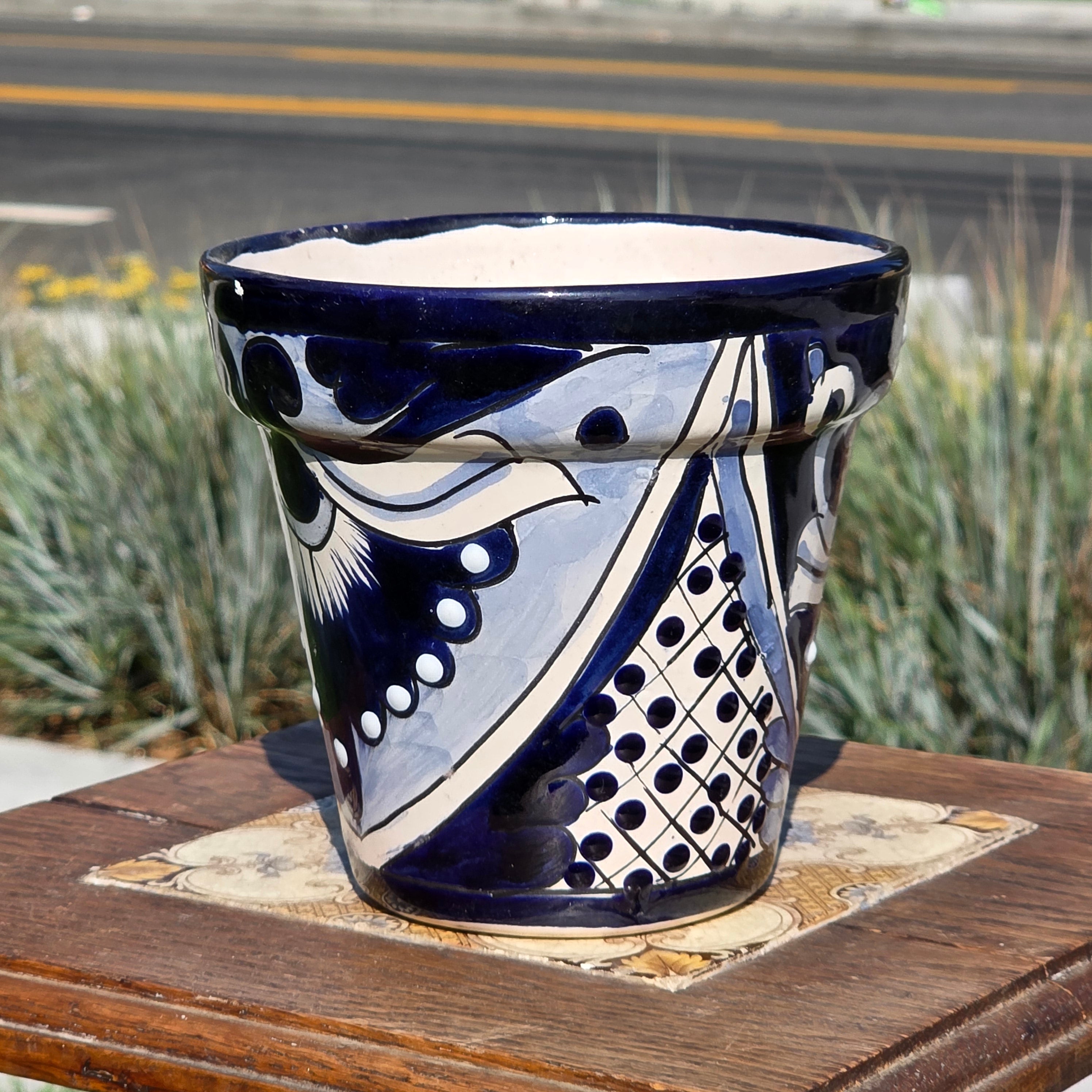 Vintage Mexican Talavera Planter Blue White Hand Painted Pottery 6" Flower Pot