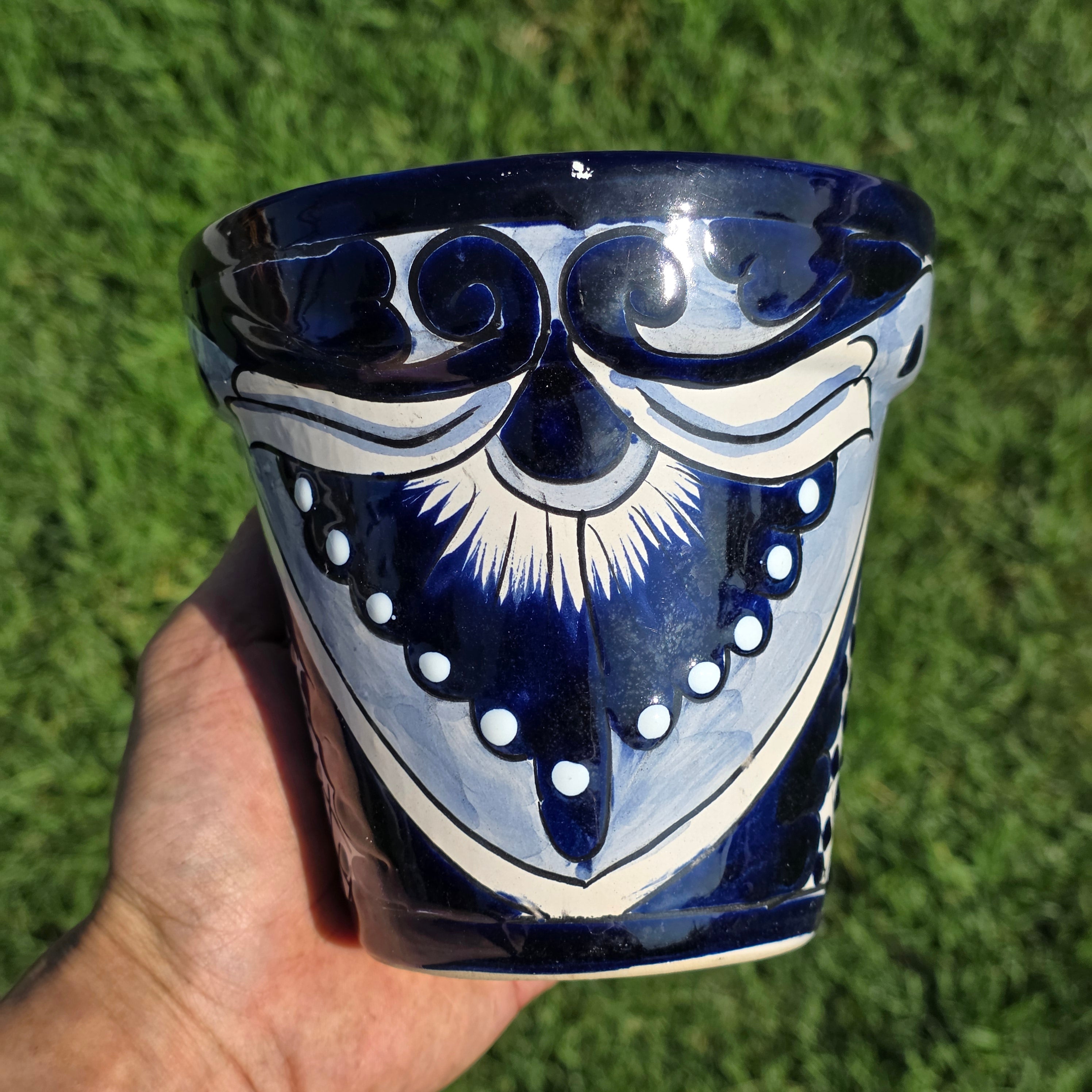 Vintage Mexican Talavera Planter Blue White Hand Painted Pottery 6" Flower Pot