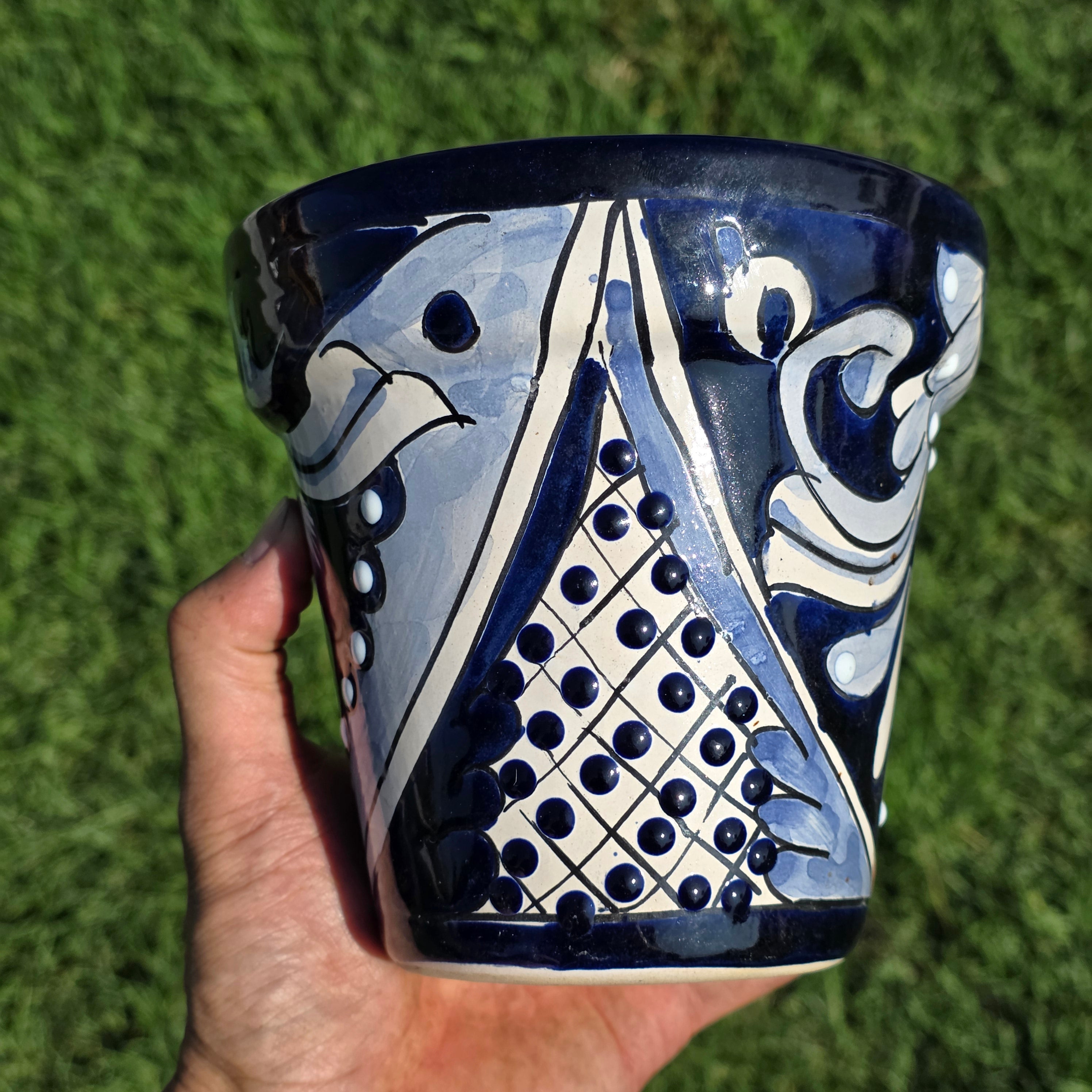 Vintage Mexican Talavera Planter Blue White Hand Painted Pottery 6" Flower Pot