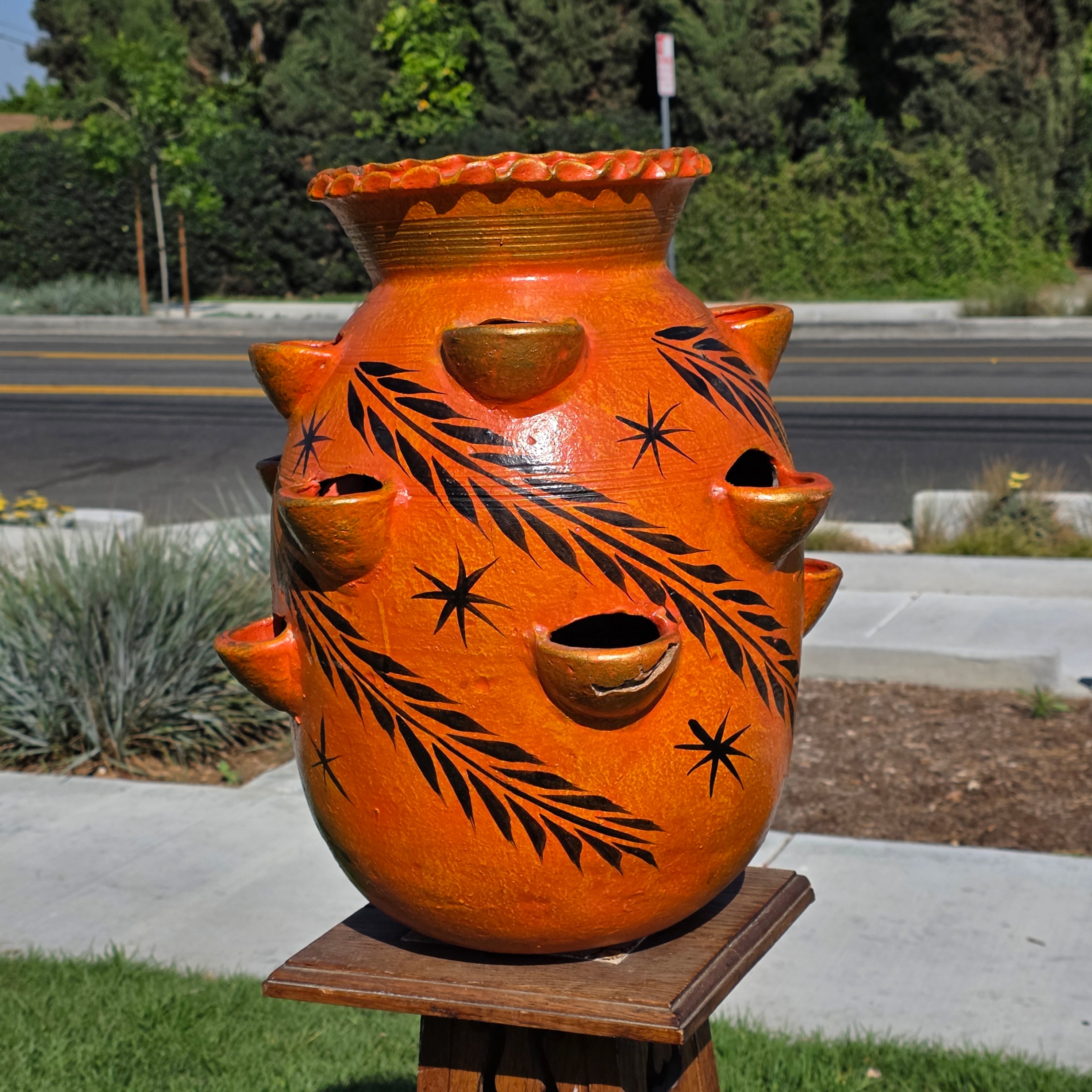 Vintage Mexican Strawberry Planter Large 19" Hand Painted Terra Cotta 12 Pocket