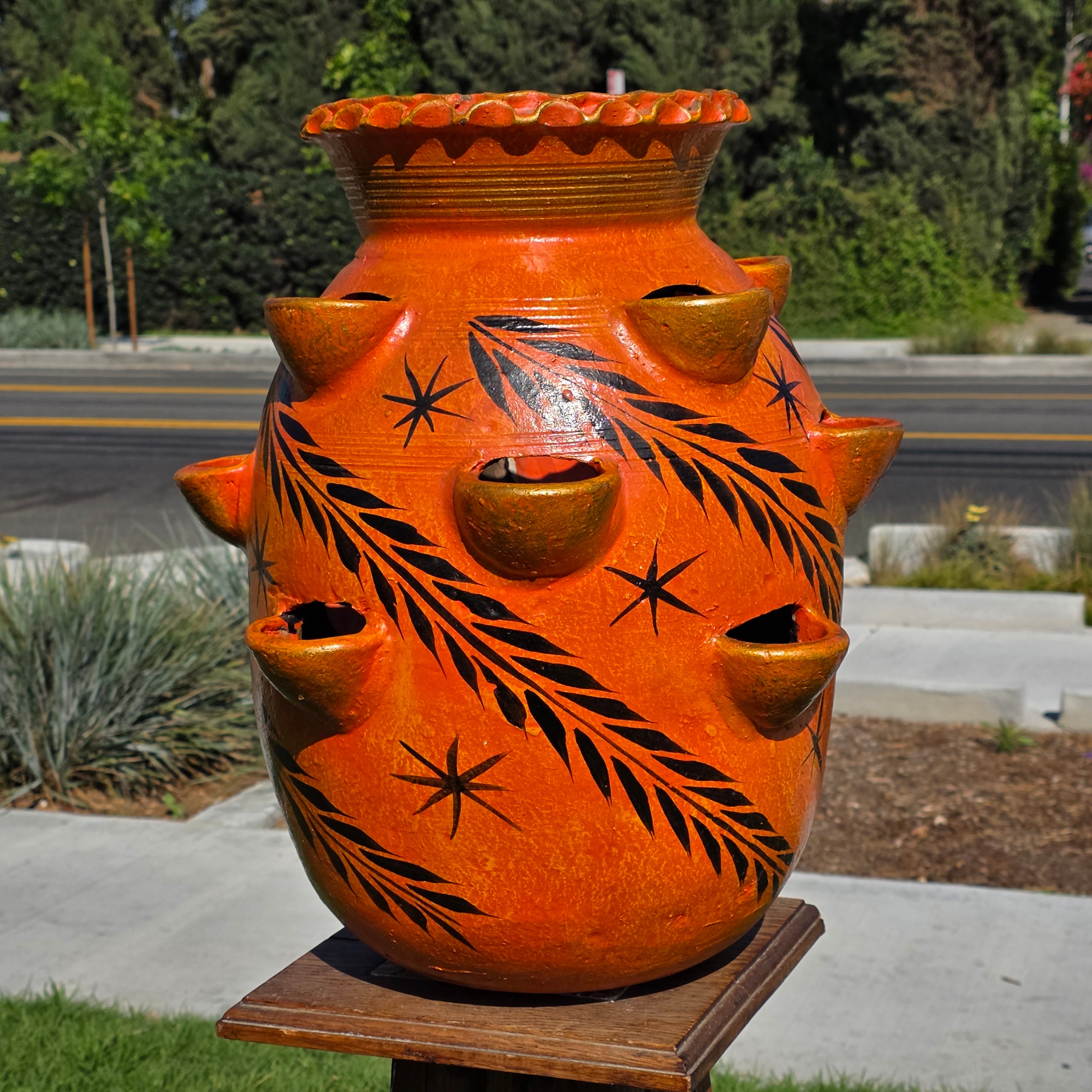 Vintage Mexican Strawberry Planter Large 19" Hand Painted Terra Cotta 12 Pocket