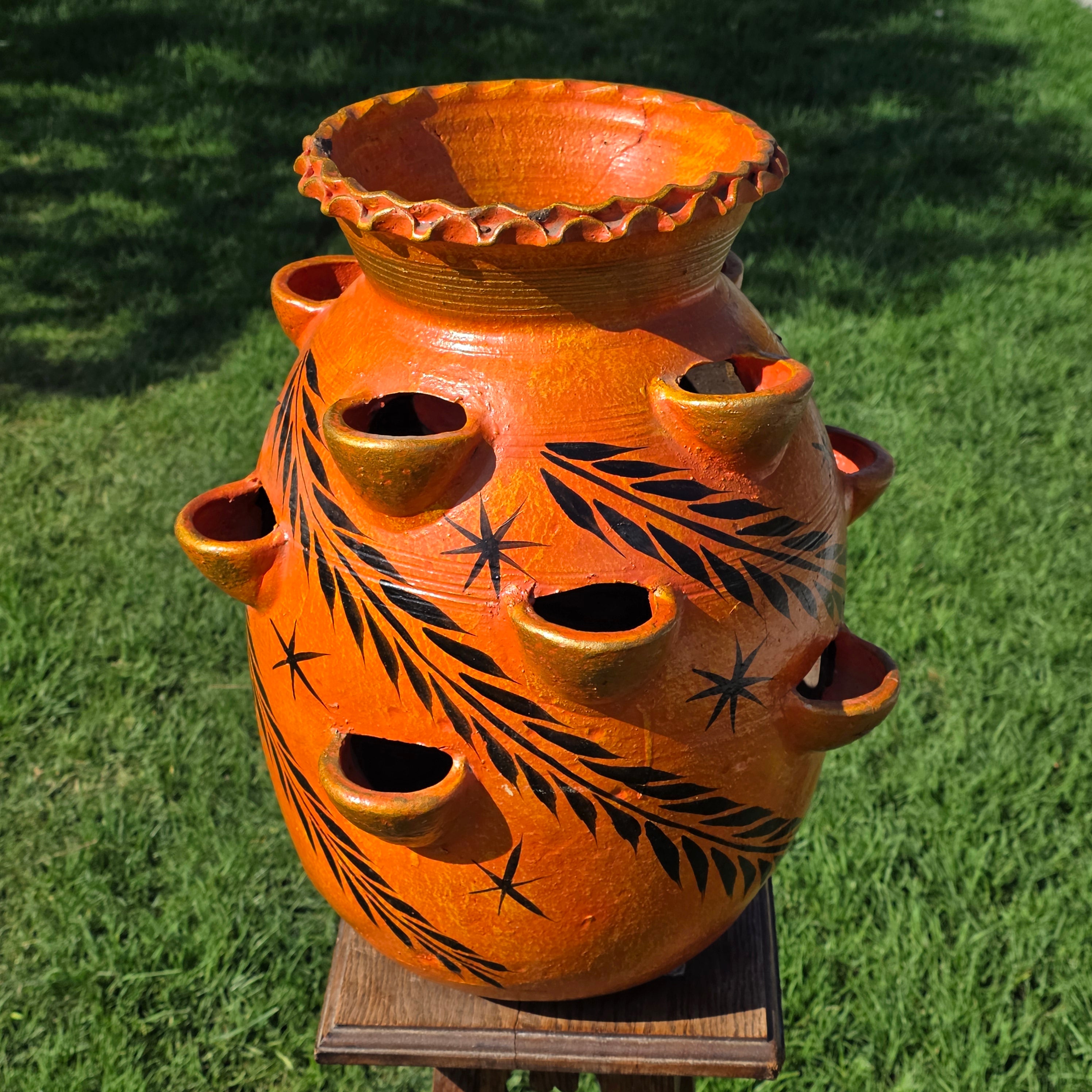 Vintage Mexican Strawberry Planter Large 19" Hand Painted Terra Cotta 12 Pocket