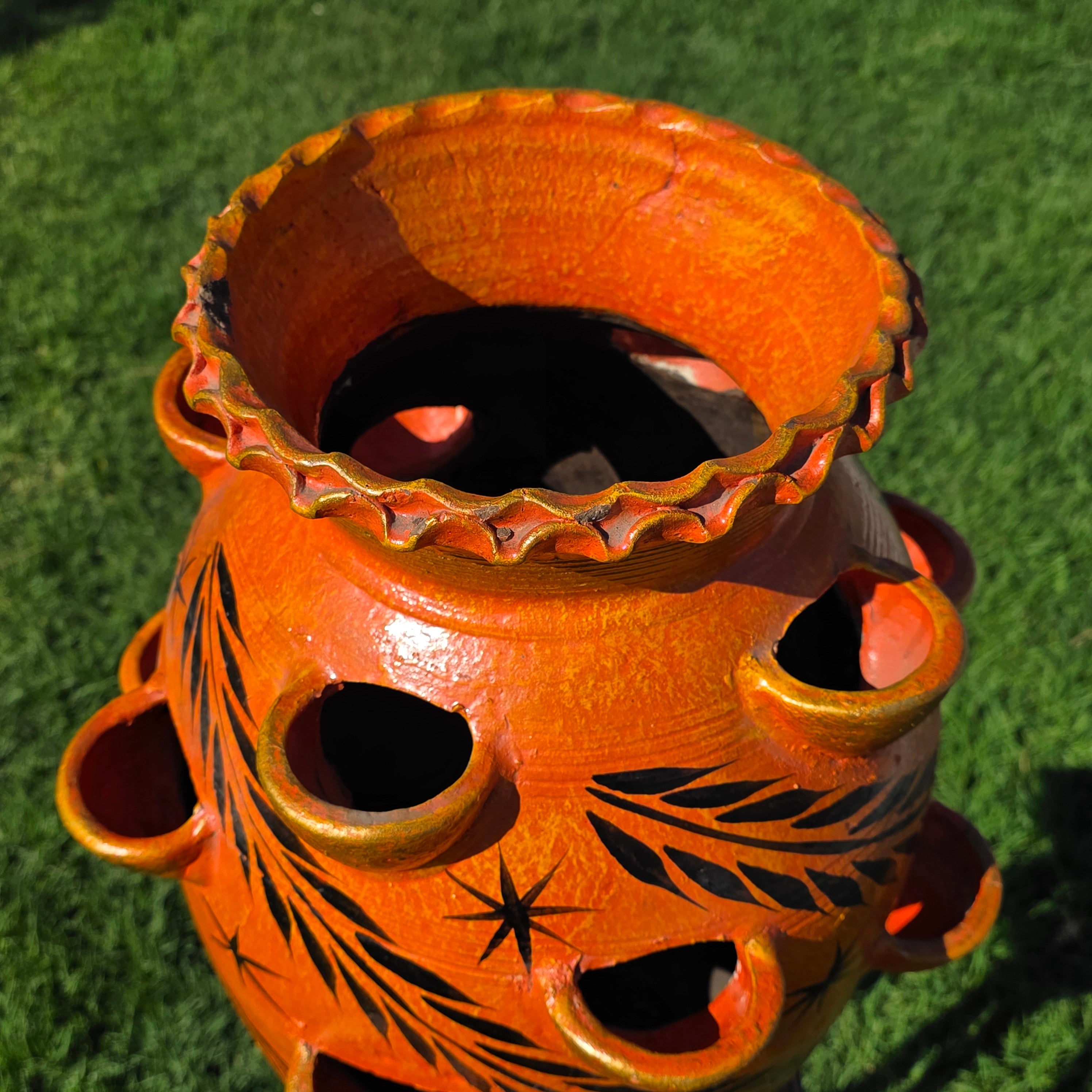 Vintage Mexican Strawberry Planter Large 19" Hand Painted Terra Cotta 12 Pocket