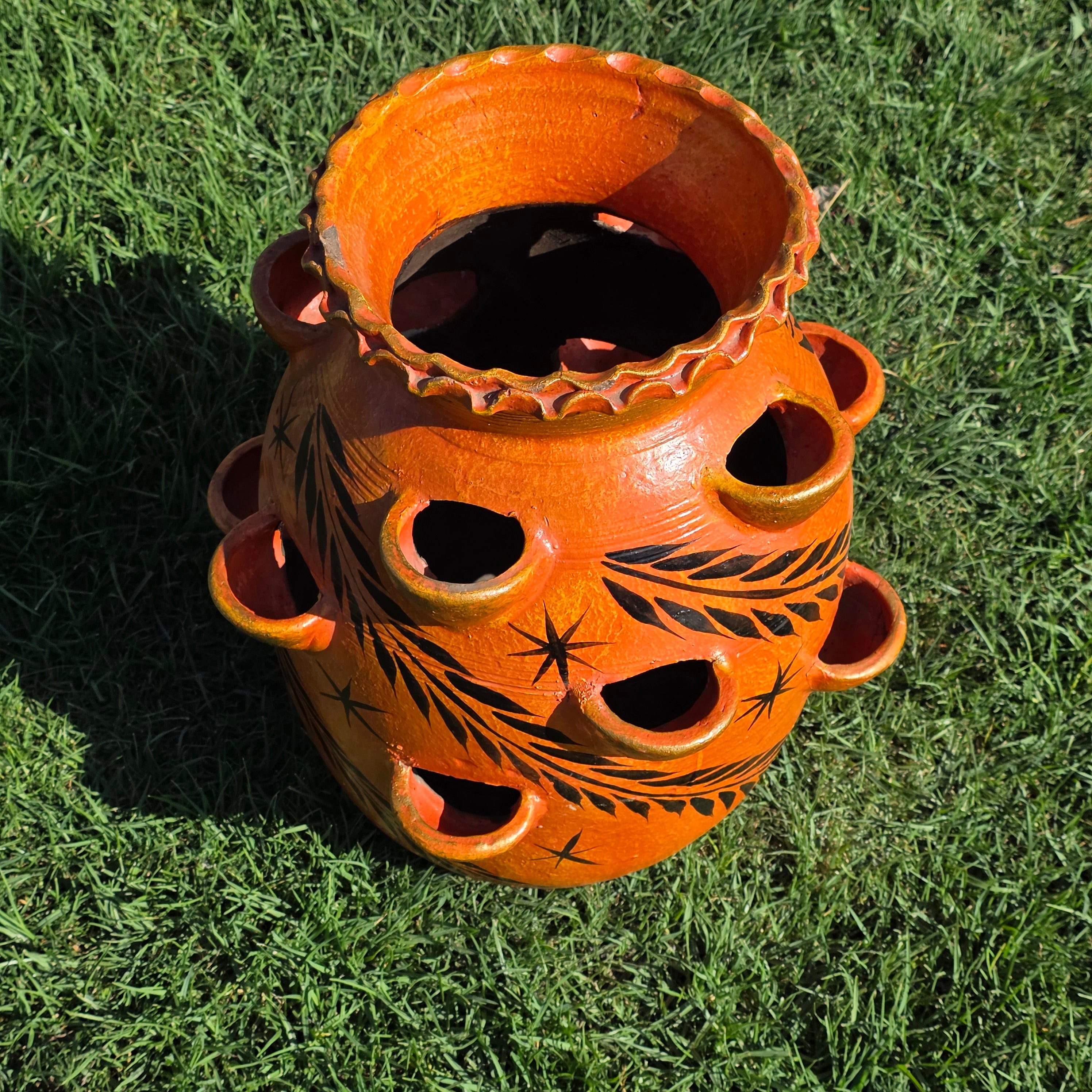 Vintage Mexican Strawberry Planter Large 19" Hand Painted Terra Cotta 12 Pocket