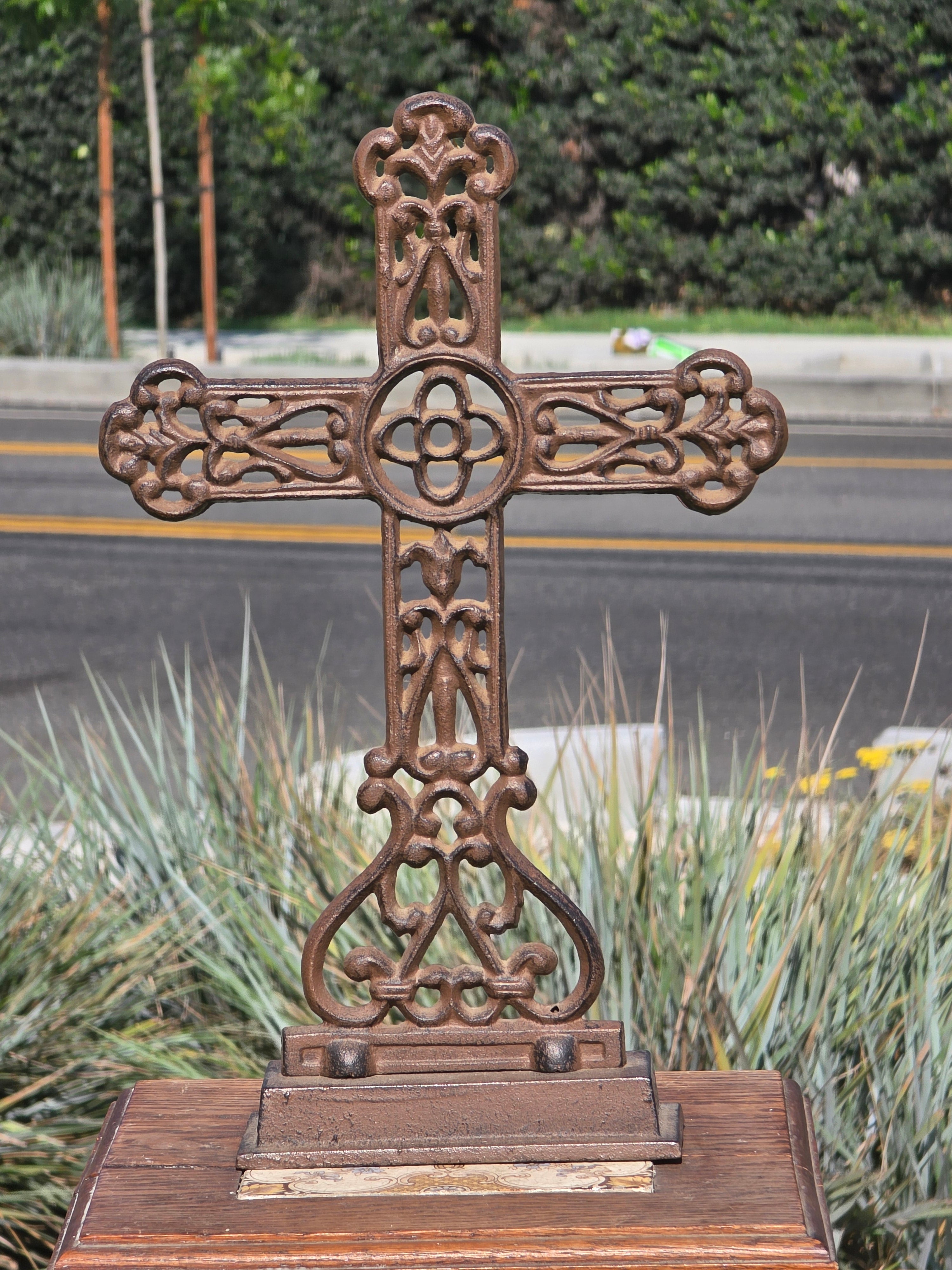 Vintage Style Cast Iron Cross Stand Gothic Scrollwork Brown Home Decor 15.5"