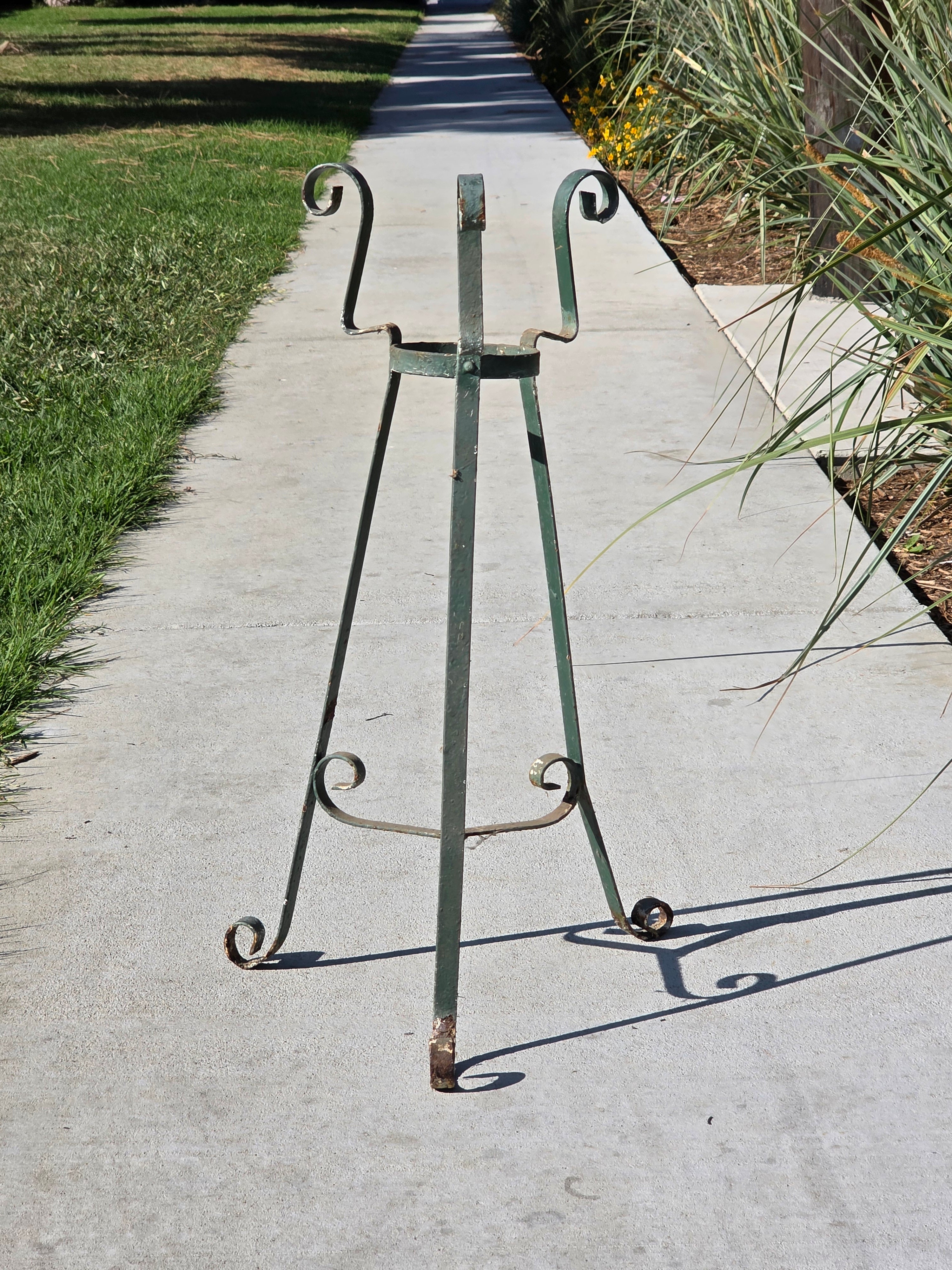 Vintage Wrought Iron Plant Stand Mid Century Spanish Scroll Tripod Holder