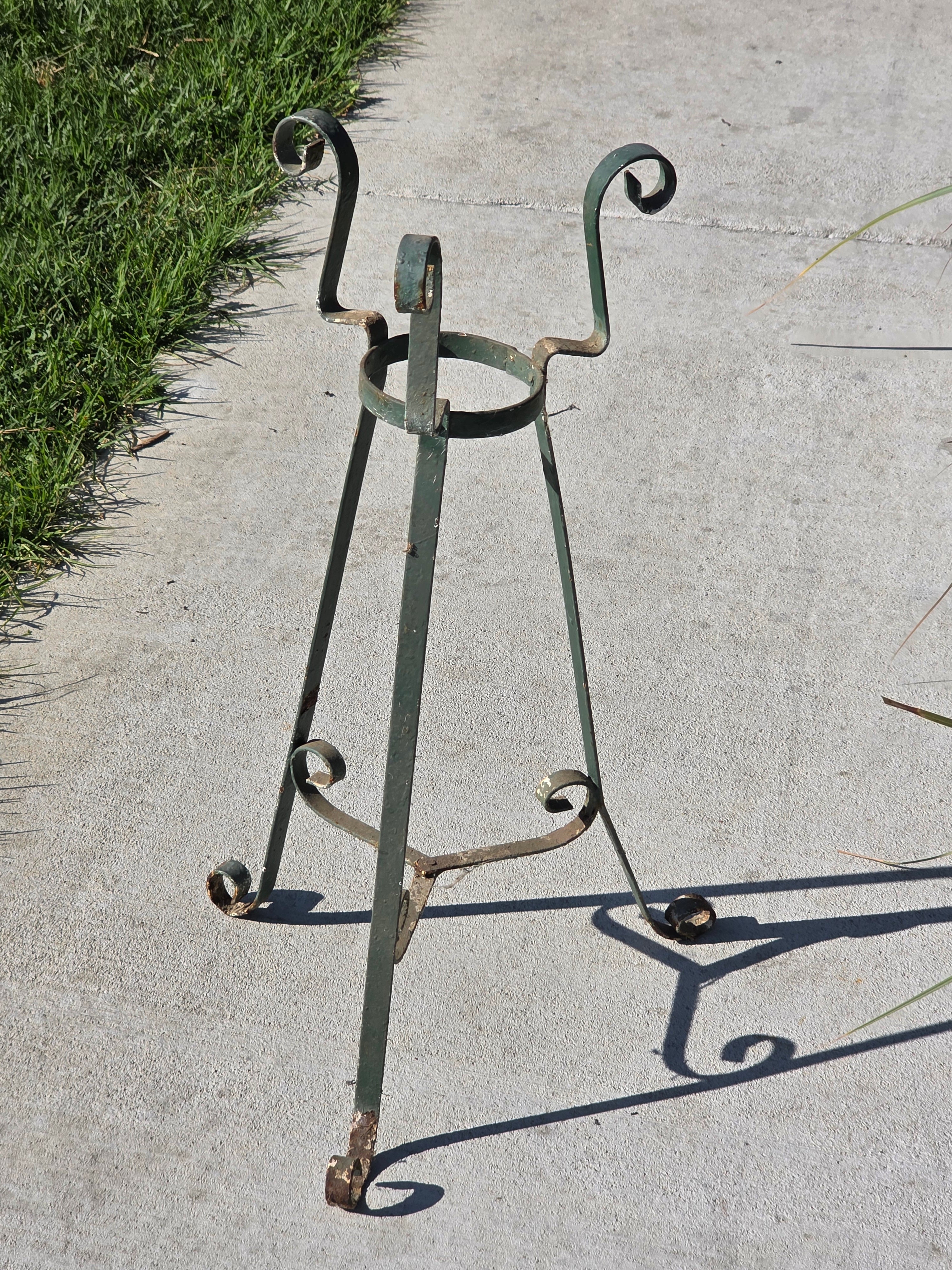Vintage Wrought Iron Plant Stand Mid Century Spanish Scroll Tripod Holder