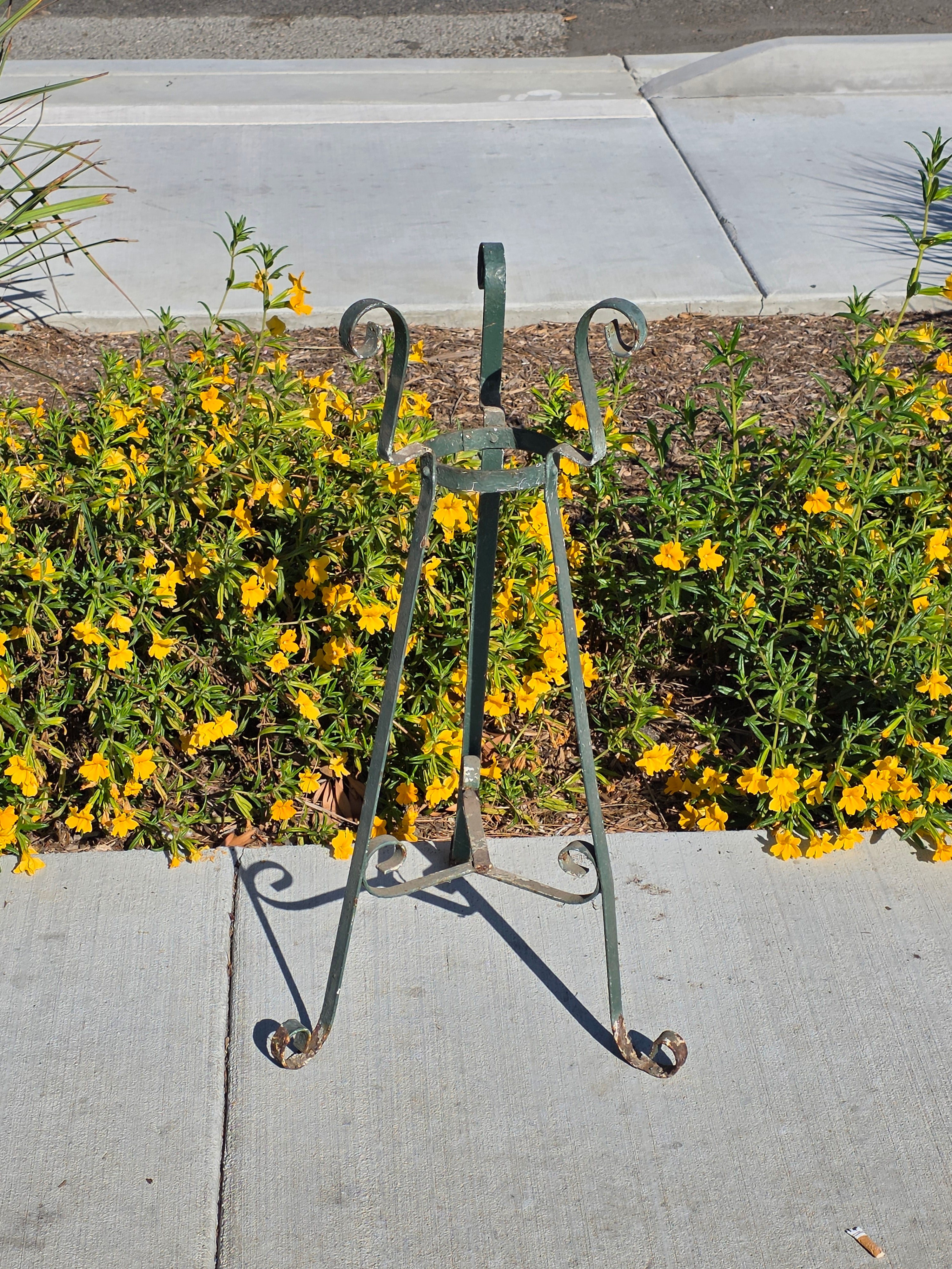 Vintage Wrought Iron Plant Stand Mid Century Spanish Scroll Tripod Holder