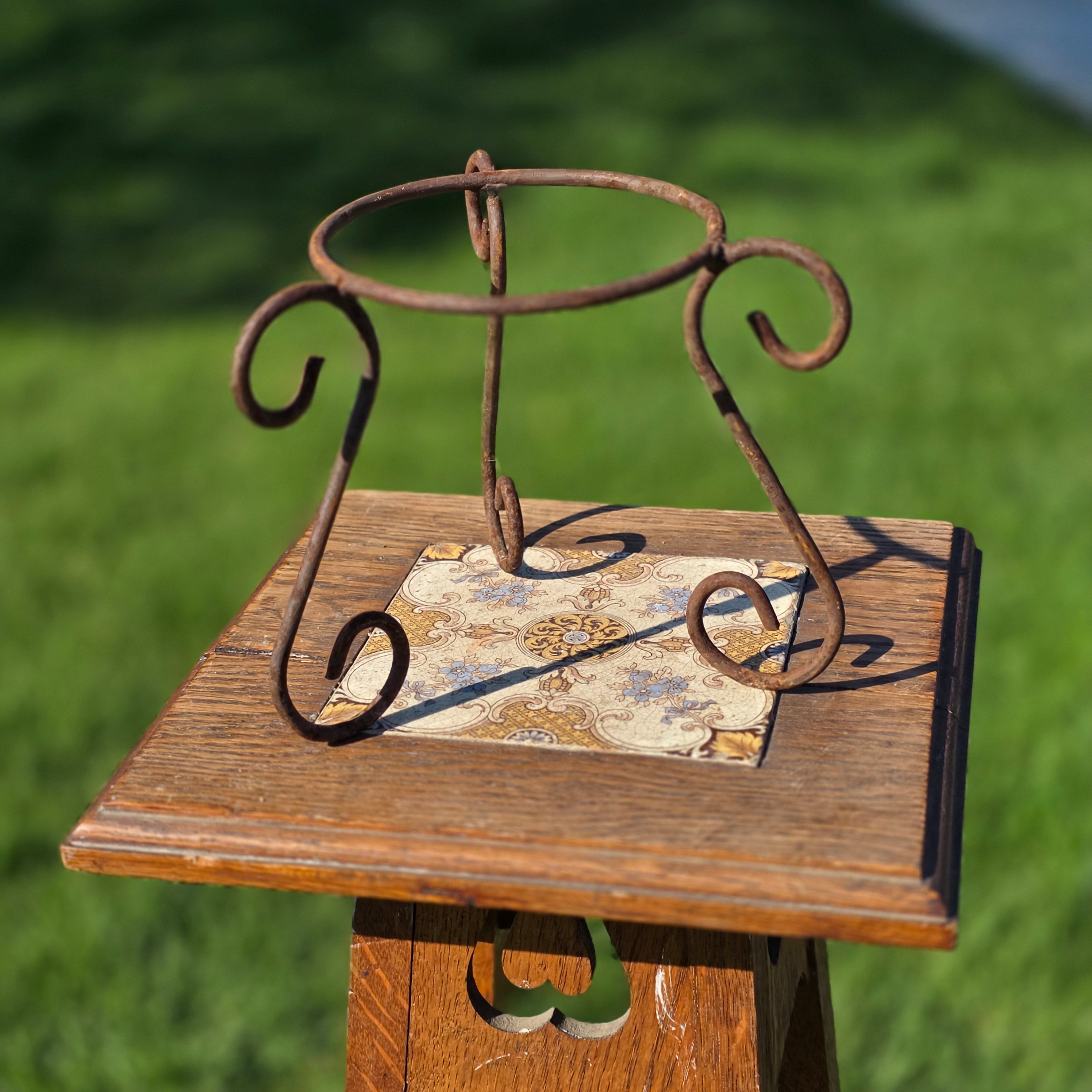 2pc Vintage Wrought Iron Plant Stand Set Rustic Heavy Rust Scroll Pot Holder