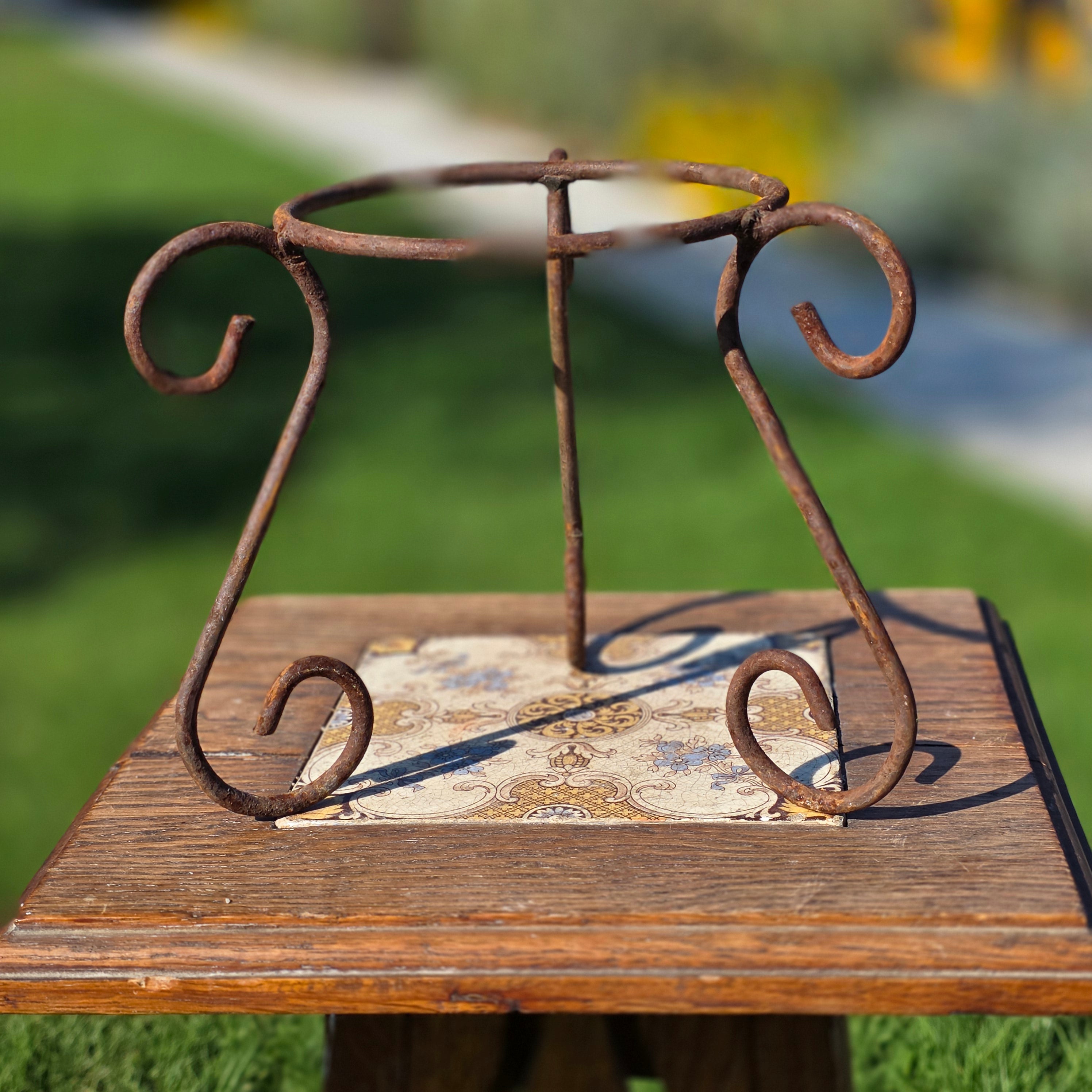 2pc Vintage Wrought Iron Plant Stand Set Rustic Heavy Rust Scroll Pot Holder