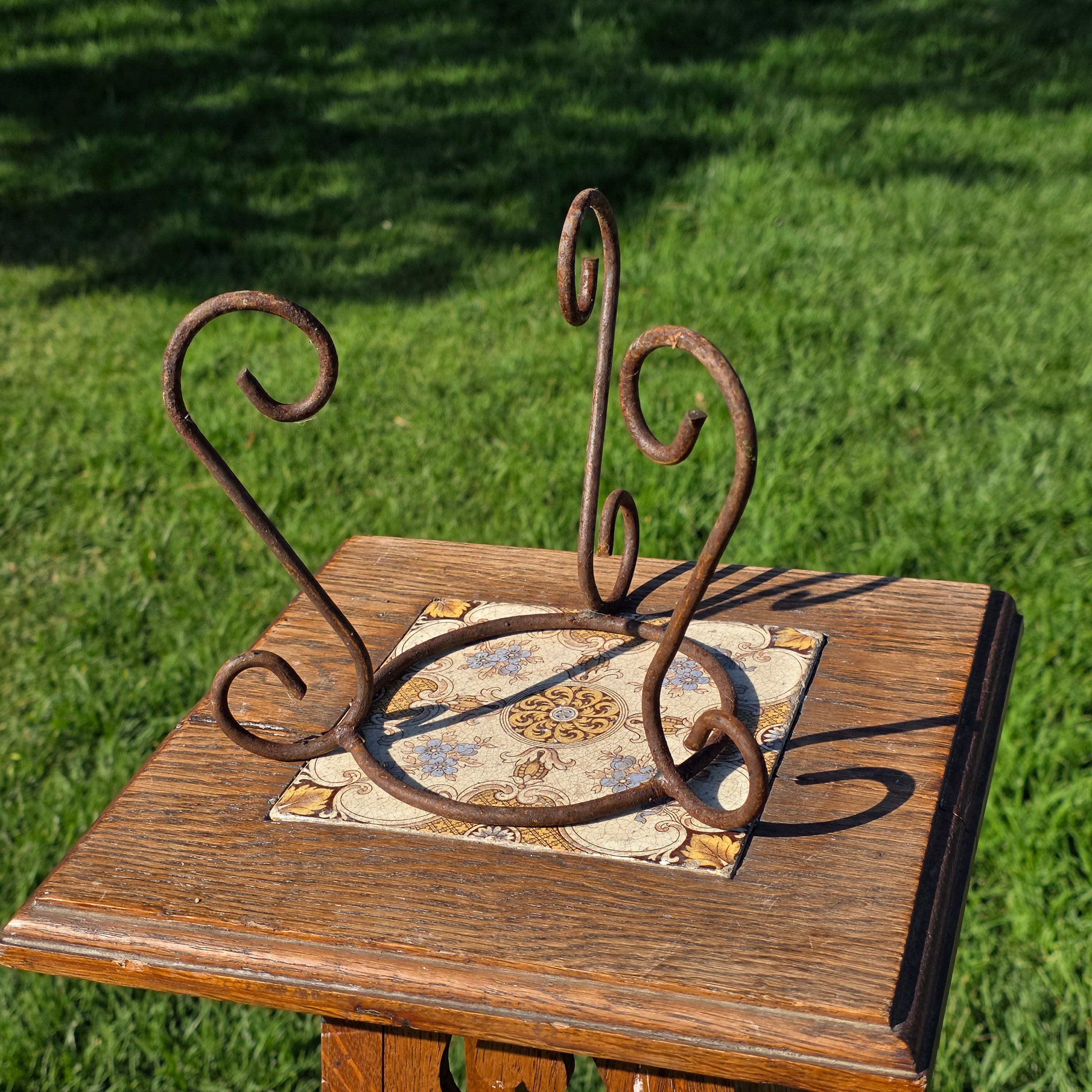 2pc Vintage Wrought Iron Plant Stand Set Rustic Heavy Rust Scroll Pot Holder