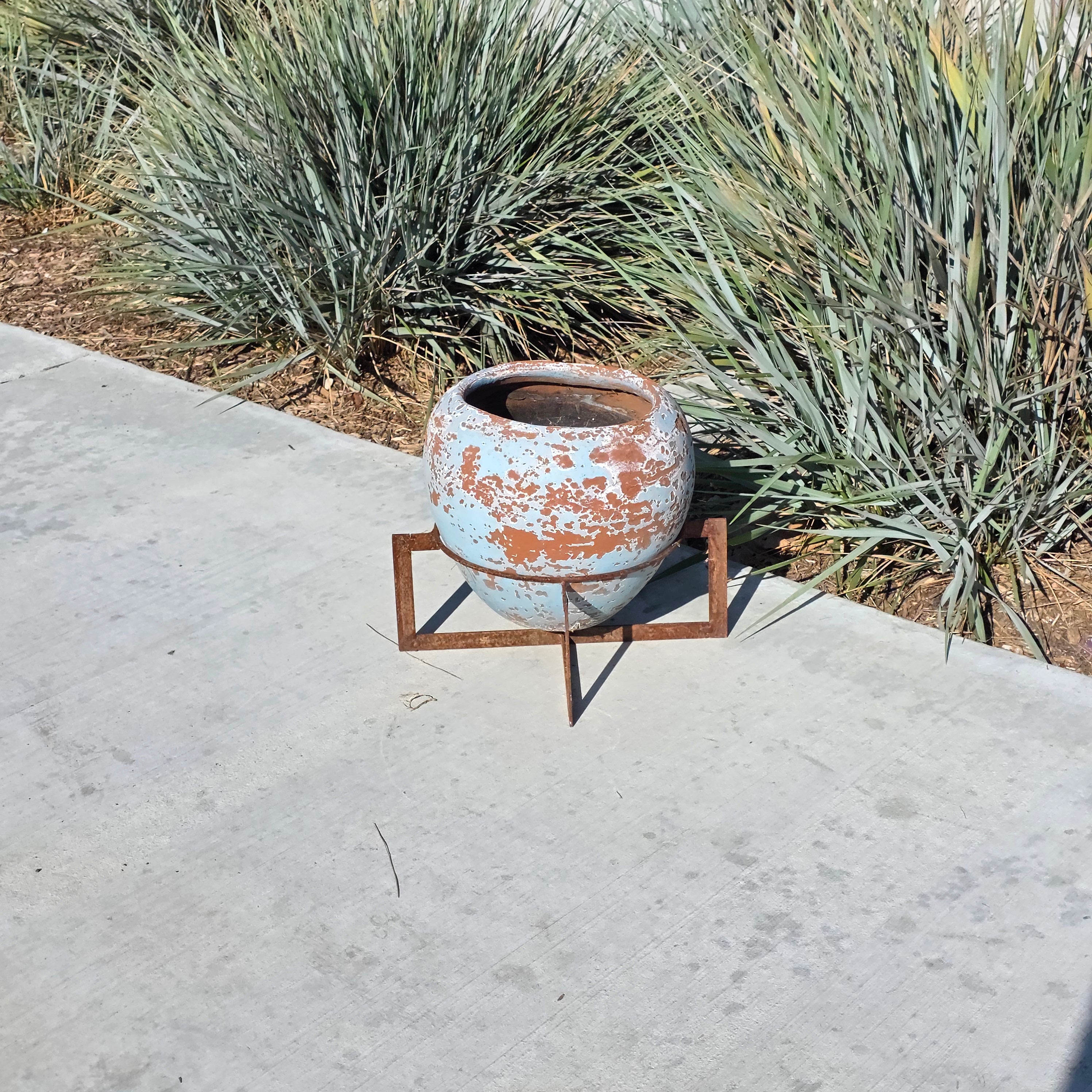 Vintage Mid Century Modern Iron Plant Stand Geometric Industrial Rustic Pot Hold