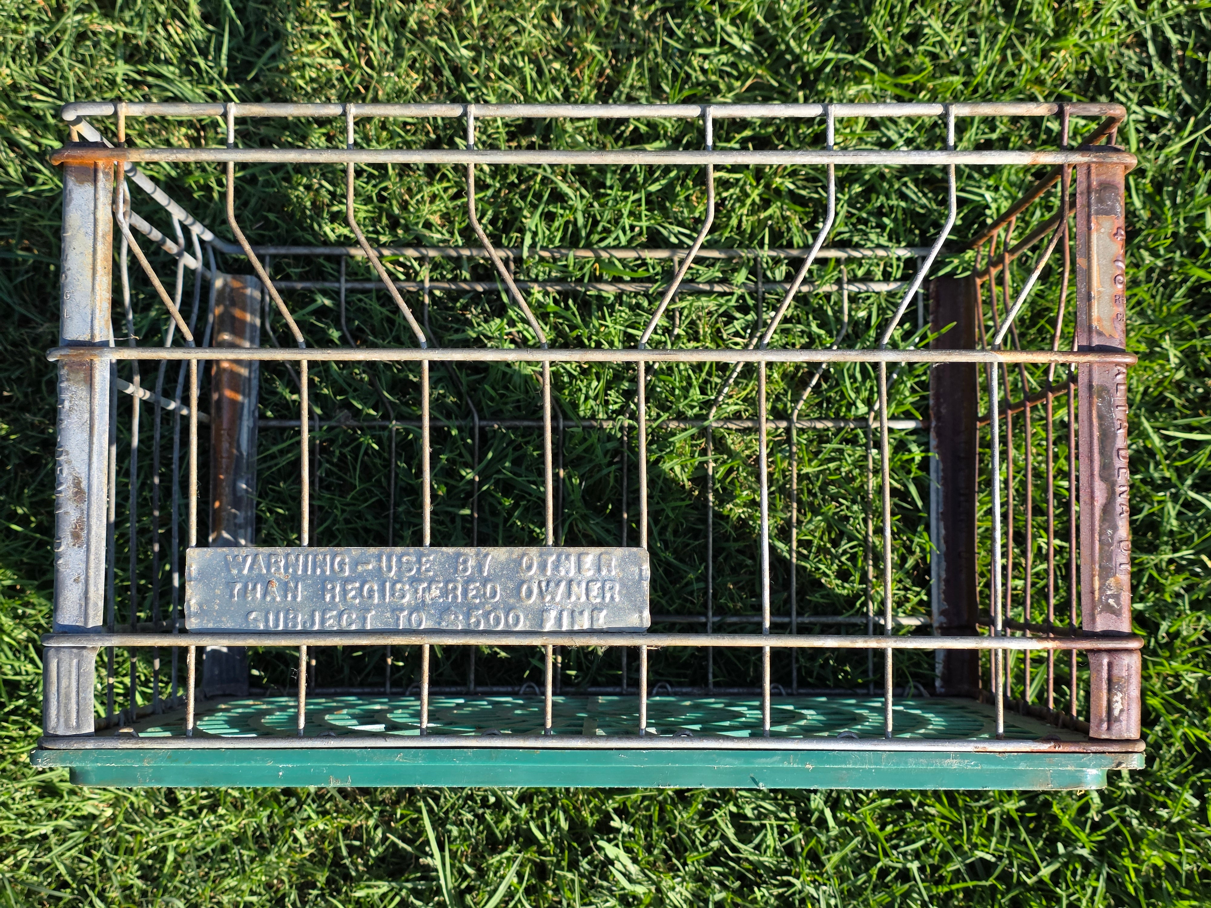 Vintage Alta-Dena Dairy Milk Crate 1976 Metal Wire Green Plastic Bottom