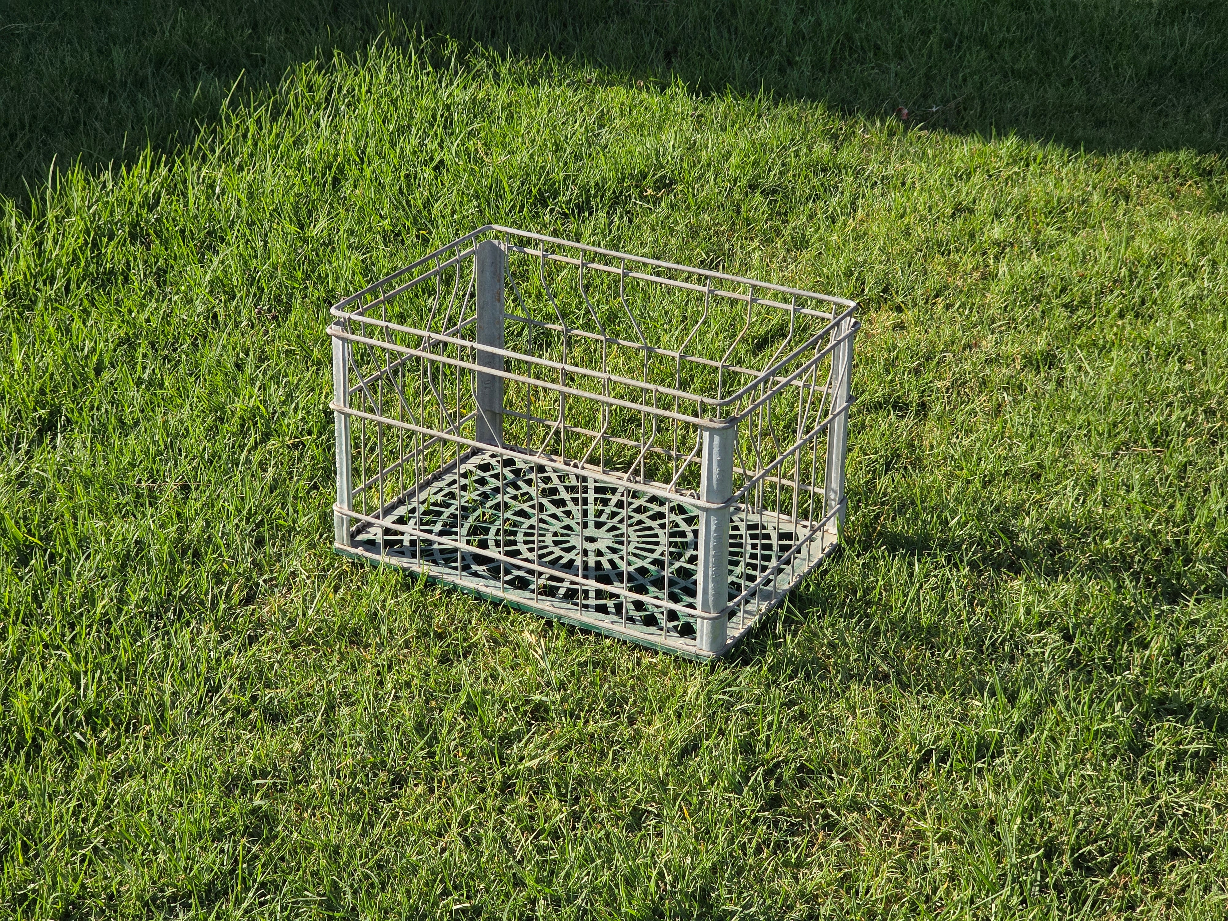 Vintage Alta-Dena Dairy Milk Crate 1975 Metal Wire Green Plastic Base Industrial