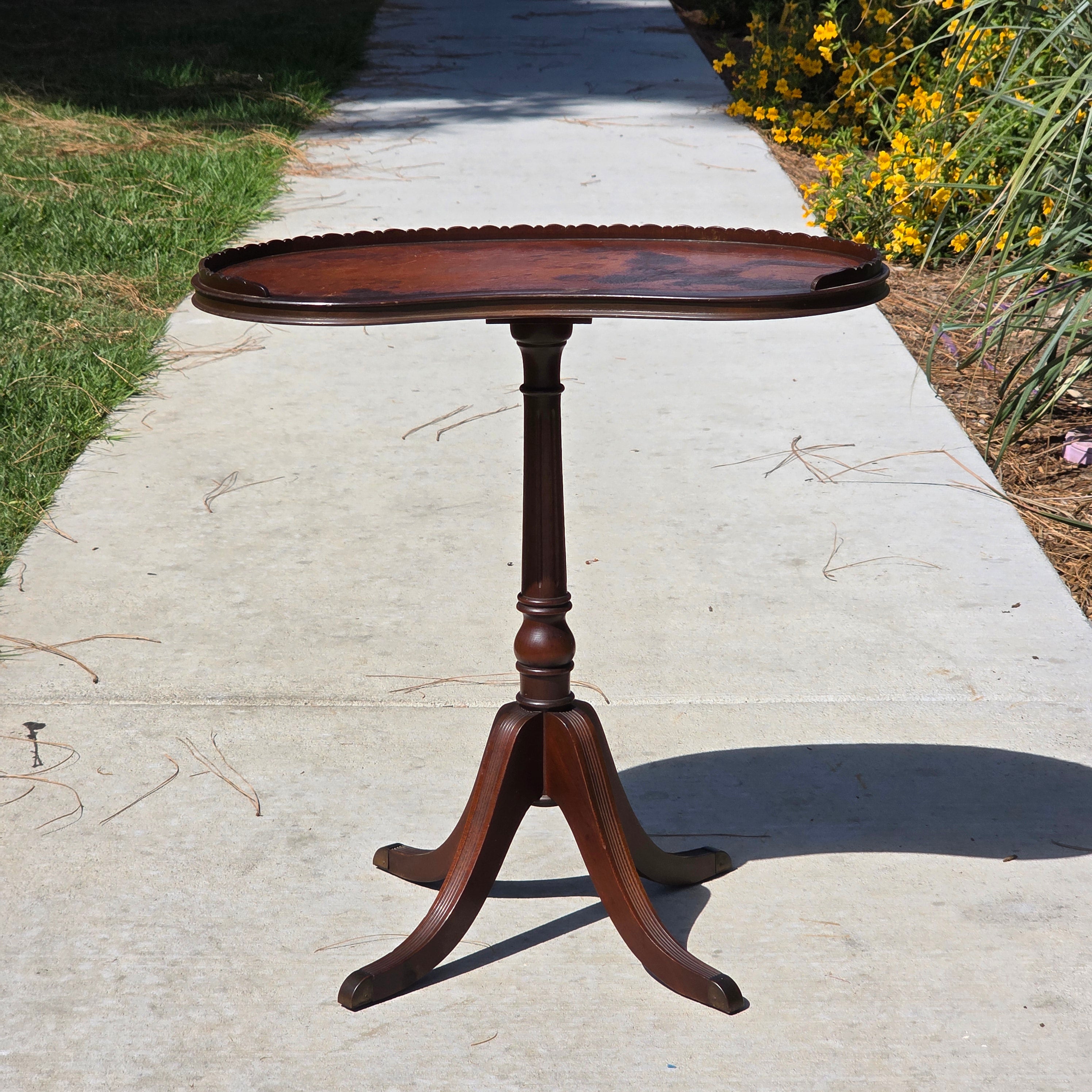 Rare Ferguson Bros 7640 Kidney Candle Stand Table Scalloped Rim Stamped Leather