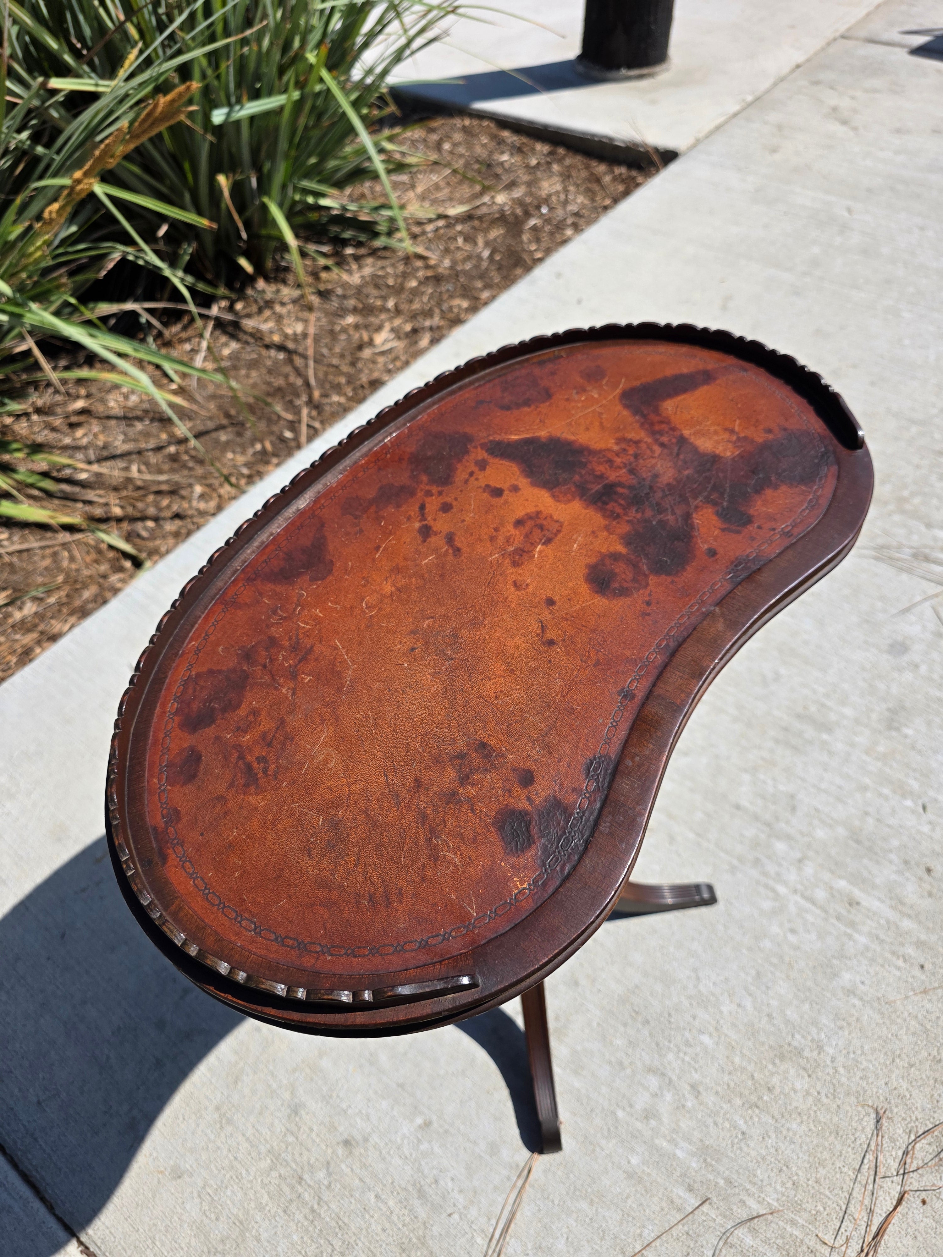 Rare Ferguson Bros 7640 Kidney Candle Stand Table Scalloped Rim Stamped Leather