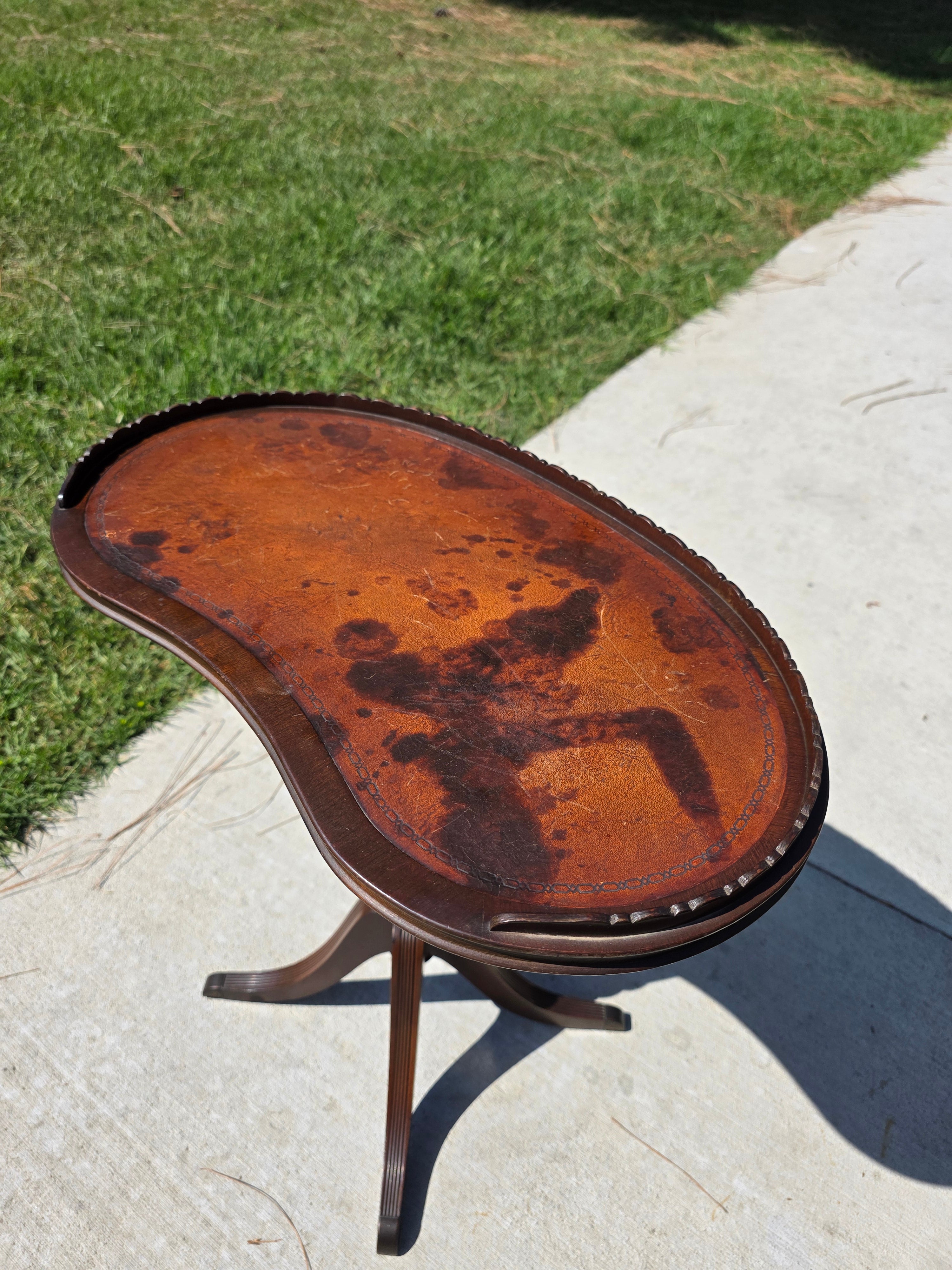 Rare Ferguson Bros 7640 Kidney Candle Stand Table Scalloped Rim Stamped Leather