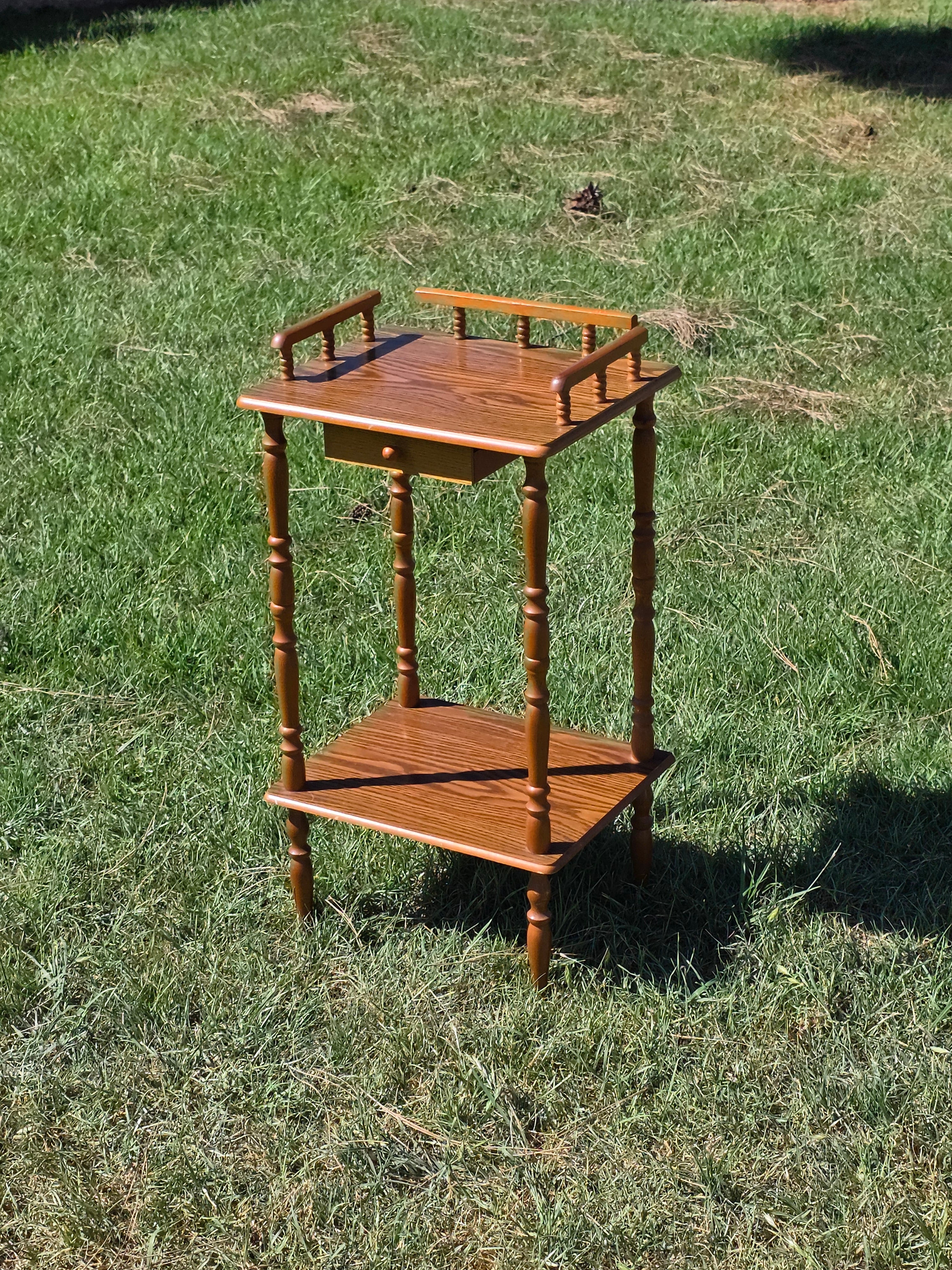 Vintage Oak Finish Telephone Stand Cabinet Spindle Gallery Top Drawer Shelf