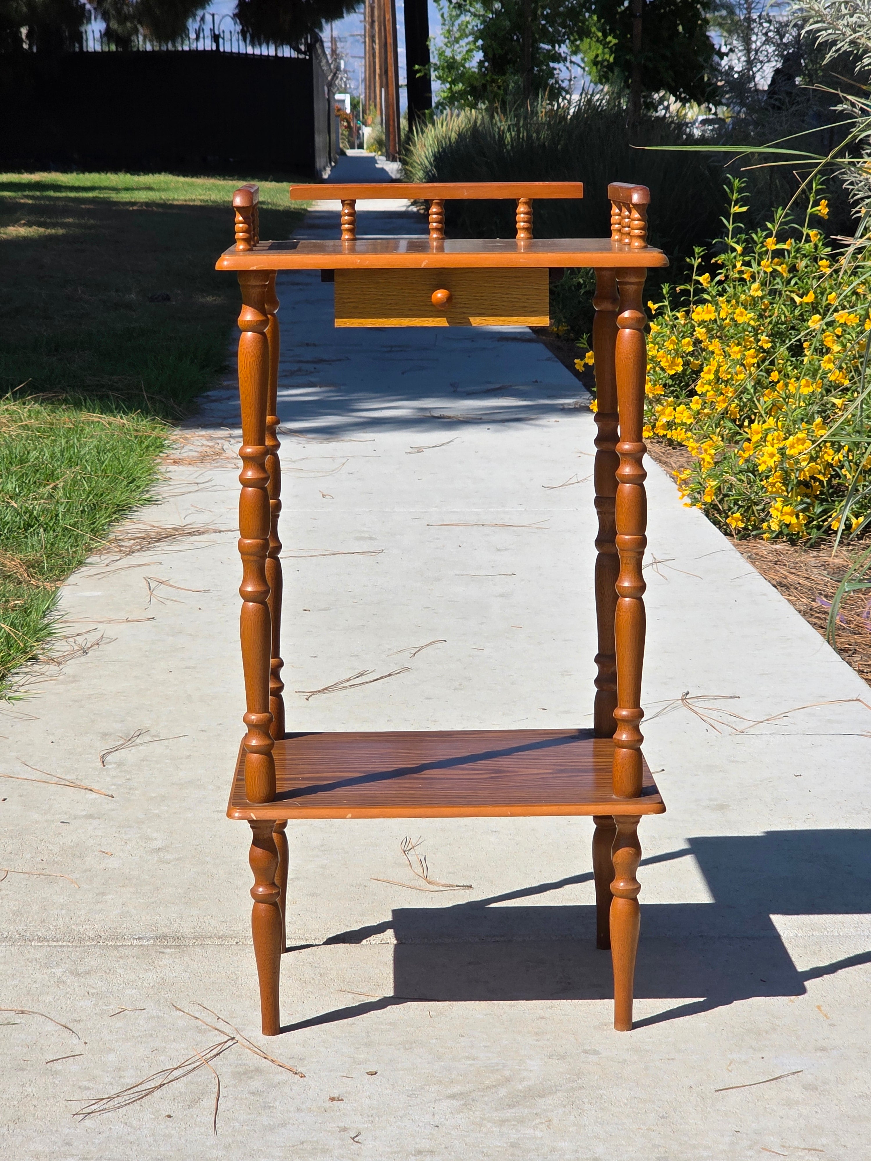 Vintage Oak Finish Telephone Stand Cabinet Spindle Gallery Top Drawer Shelf