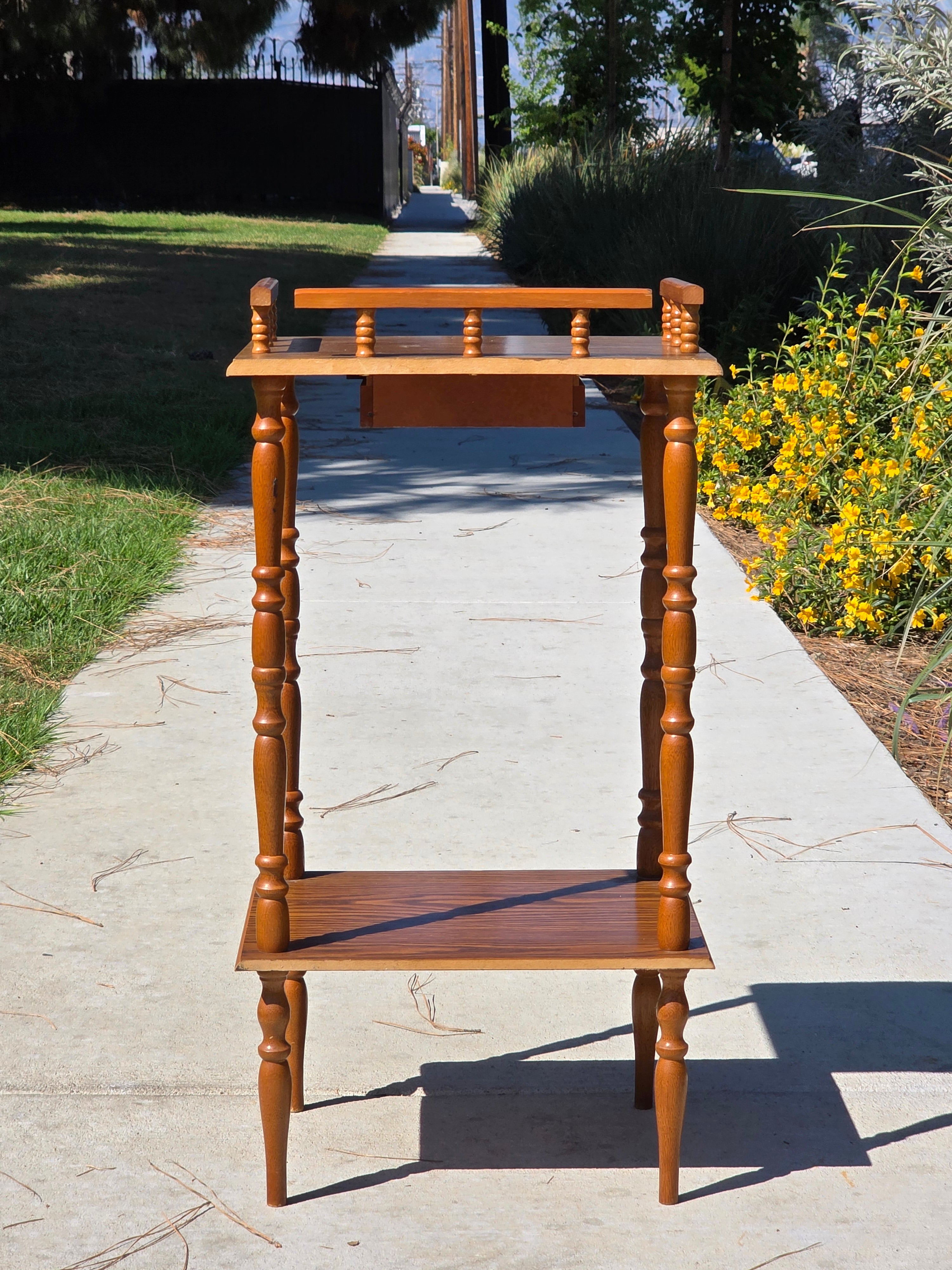 Vintage Oak Finish Telephone Stand Cabinet Spindle Gallery Top Drawer Shelf