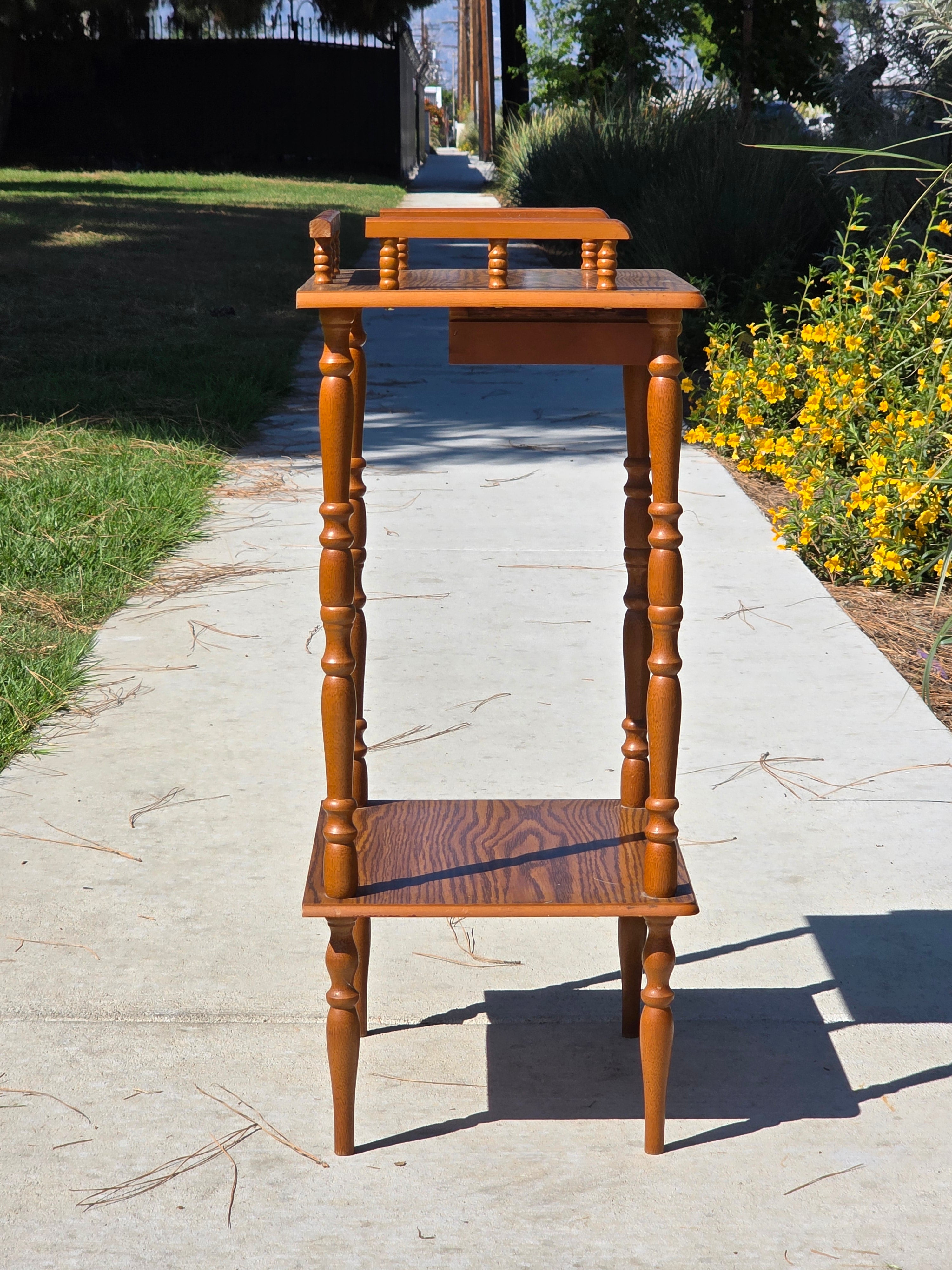 Vintage Oak Finish Telephone Stand Cabinet Spindle Gallery Top Drawer Shelf