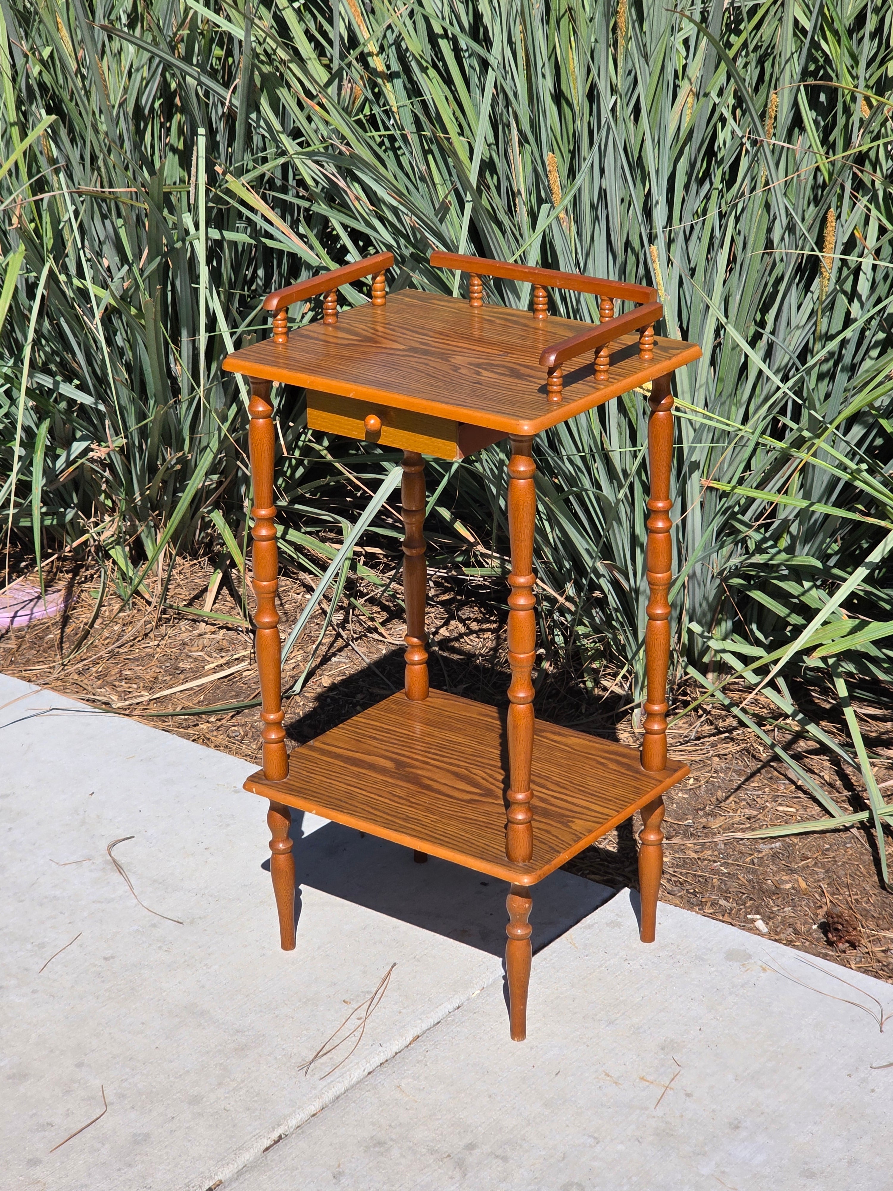 Vintage Oak Finish Telephone Stand Cabinet Spindle Gallery Top Drawer Shelf