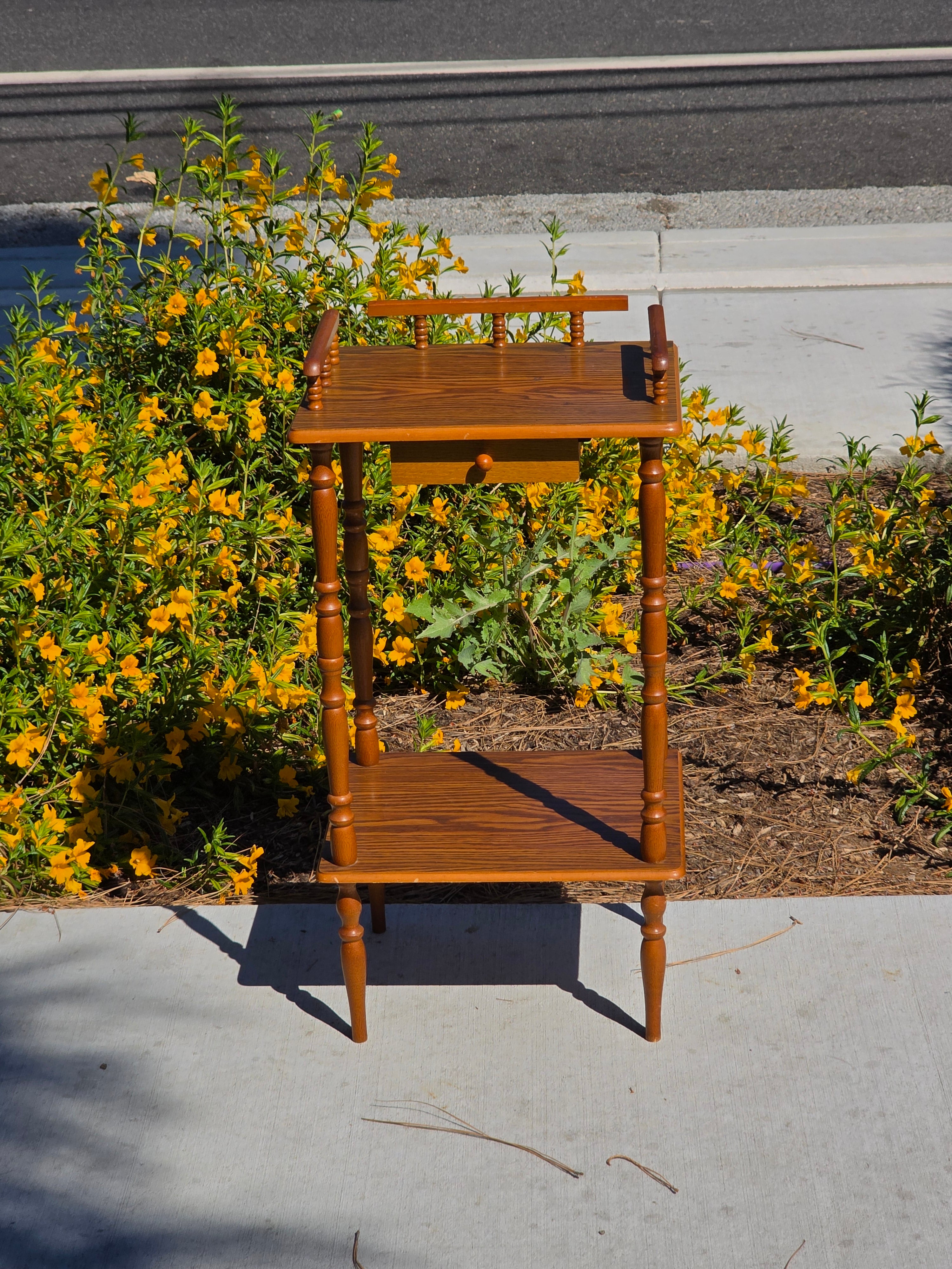 Vintage Oak Finish Telephone Stand Cabinet Spindle Gallery Top Drawer Shelf
