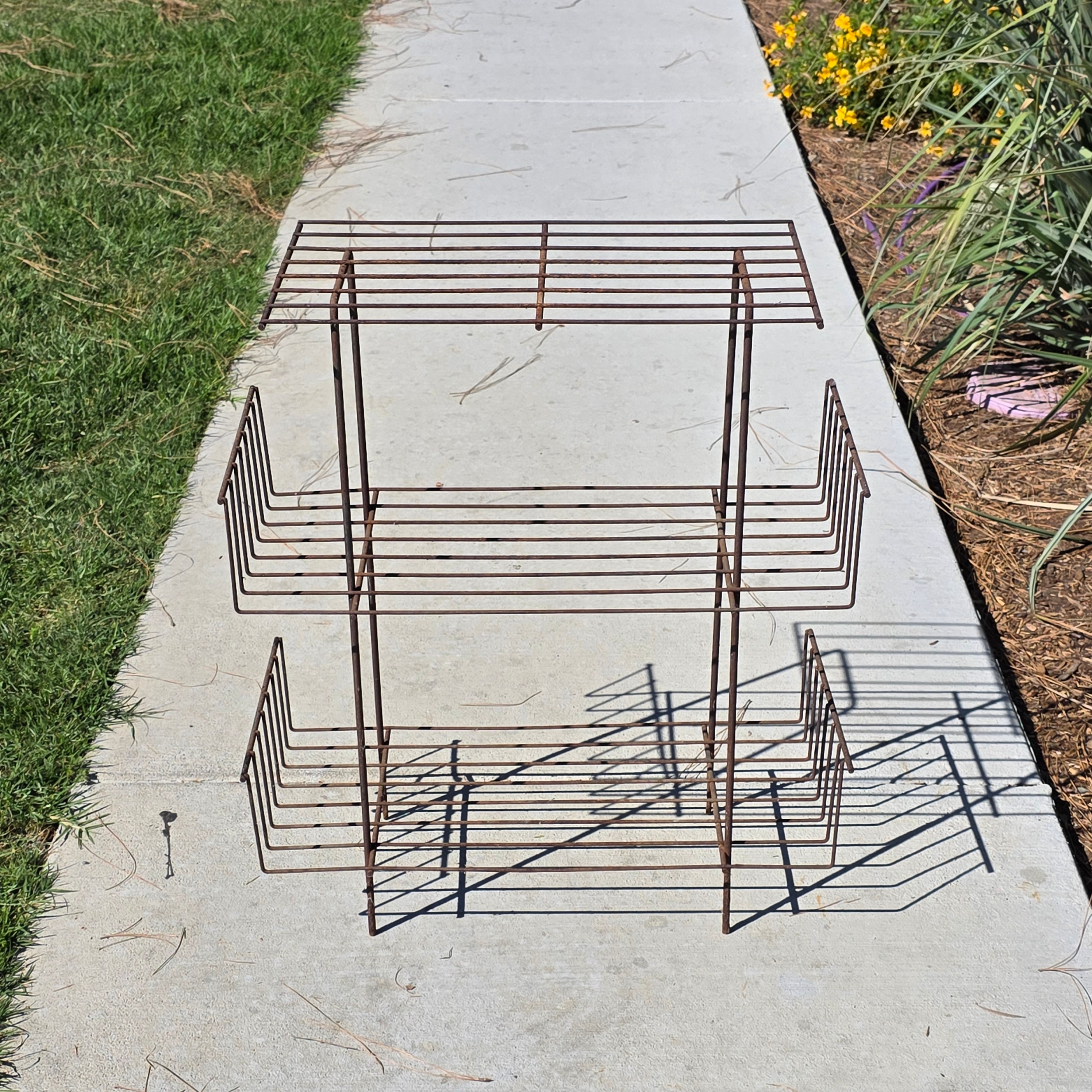 Vintage MCM Record Magazine Rack Iron Wire Plant Stand Industrial Rustic Heavy