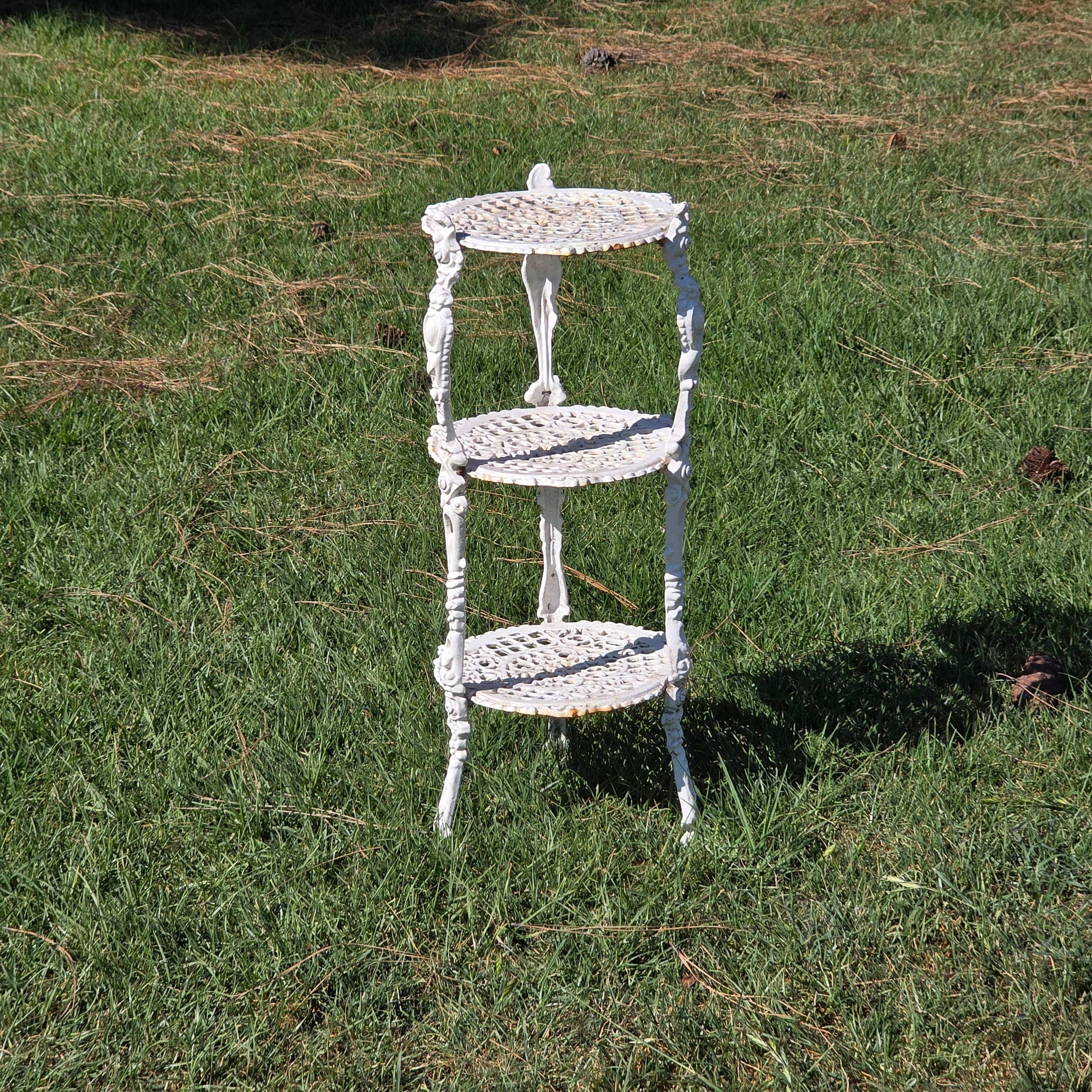 Vintage Victorian Cast Iron 3 Tier Plant Stand Ornate White Metal Garden Shelf