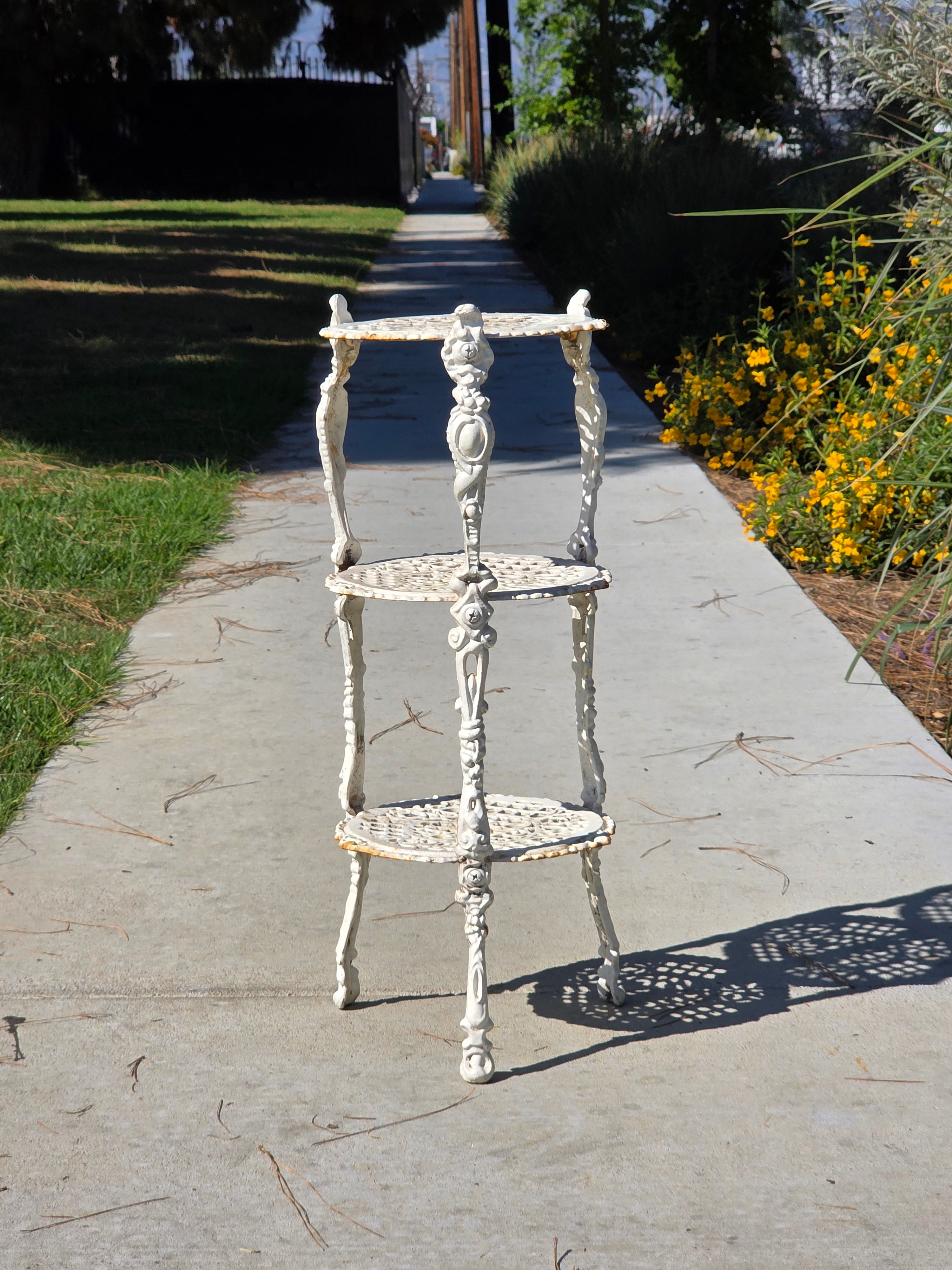 Vintage Victorian Cast Iron 3 Tier Plant Stand Ornate White Metal Garden Shelf